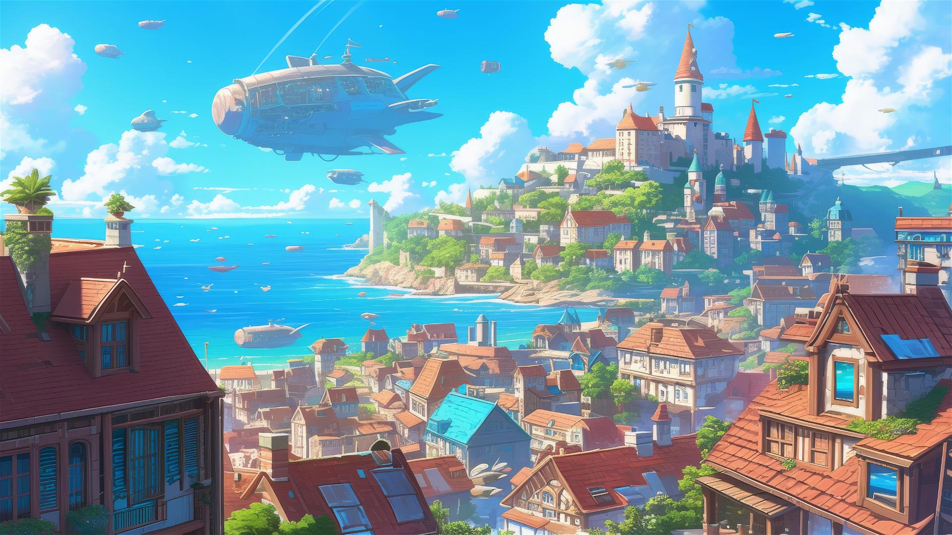 Colorful seaside village with Ghibli-style airships above.