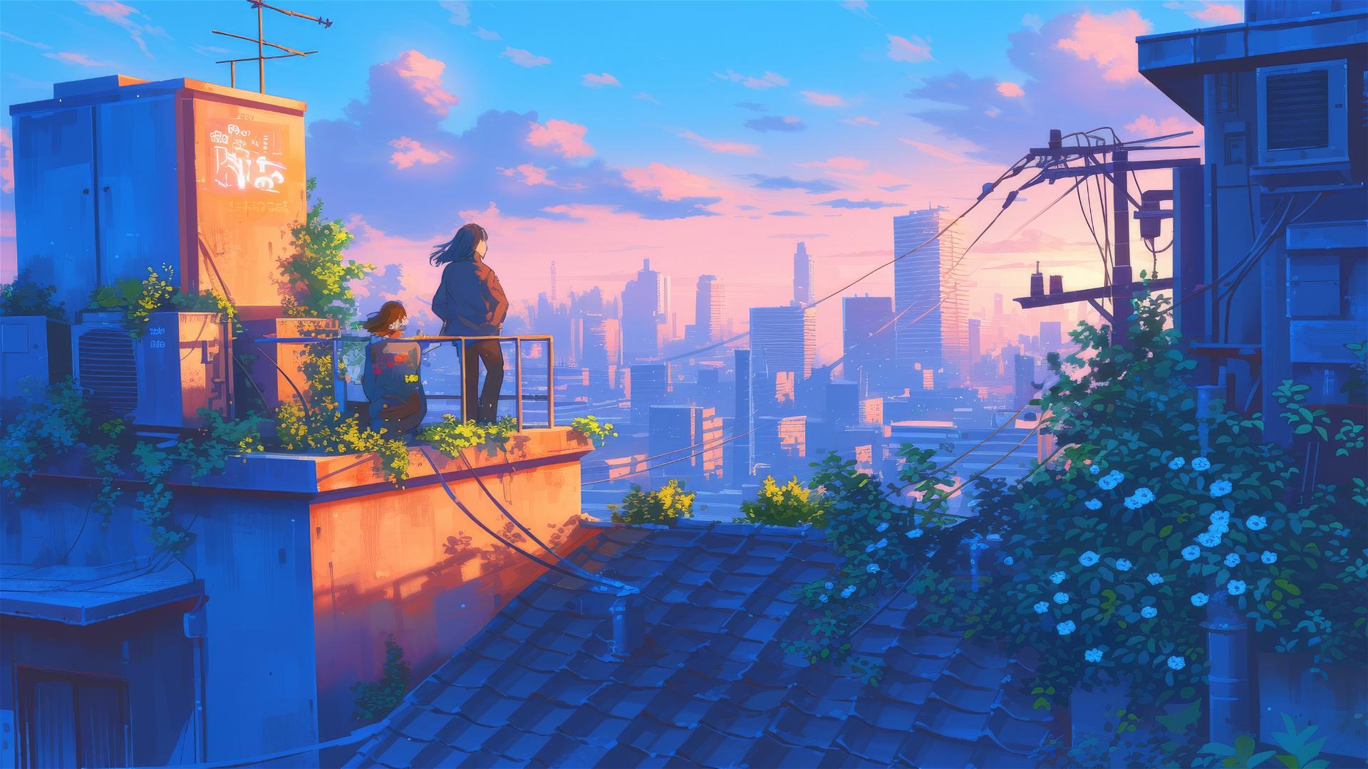 Anime rooftop scene at dusk with characters and city skyline.