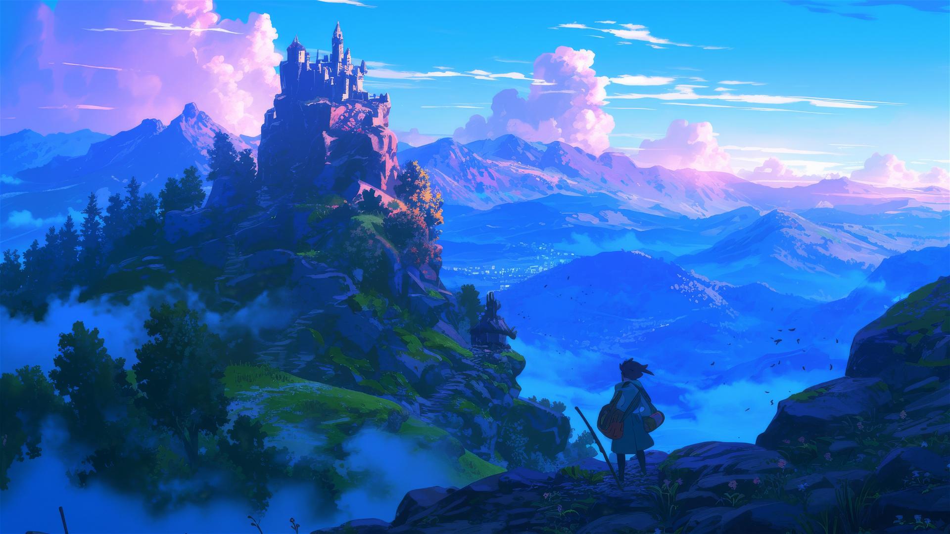 Ghibli-style anime mountain pass at dusk with travelers and spirits.
