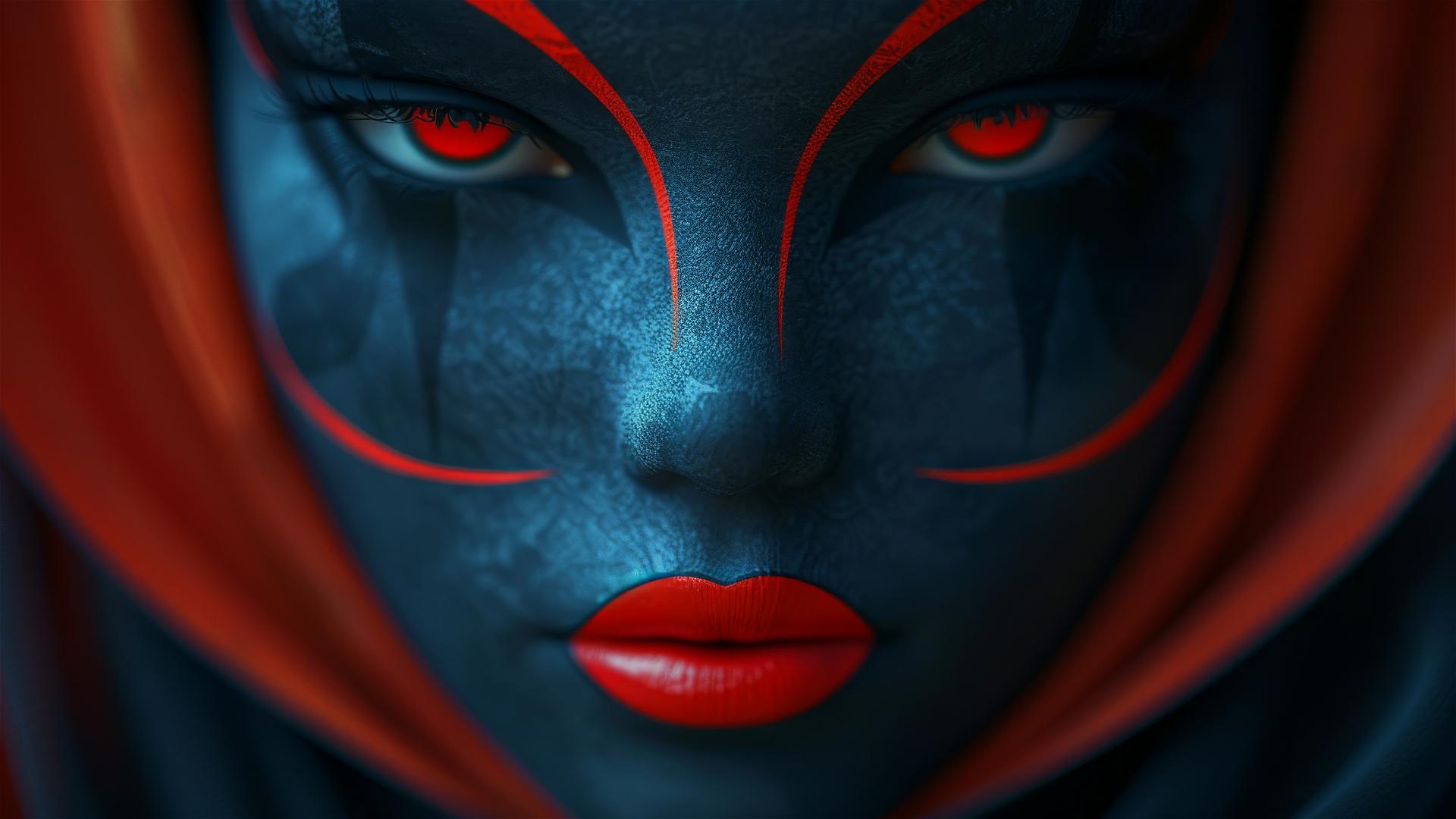 Cartoon mask with colorful eyes, red lip, minimalist dark background.