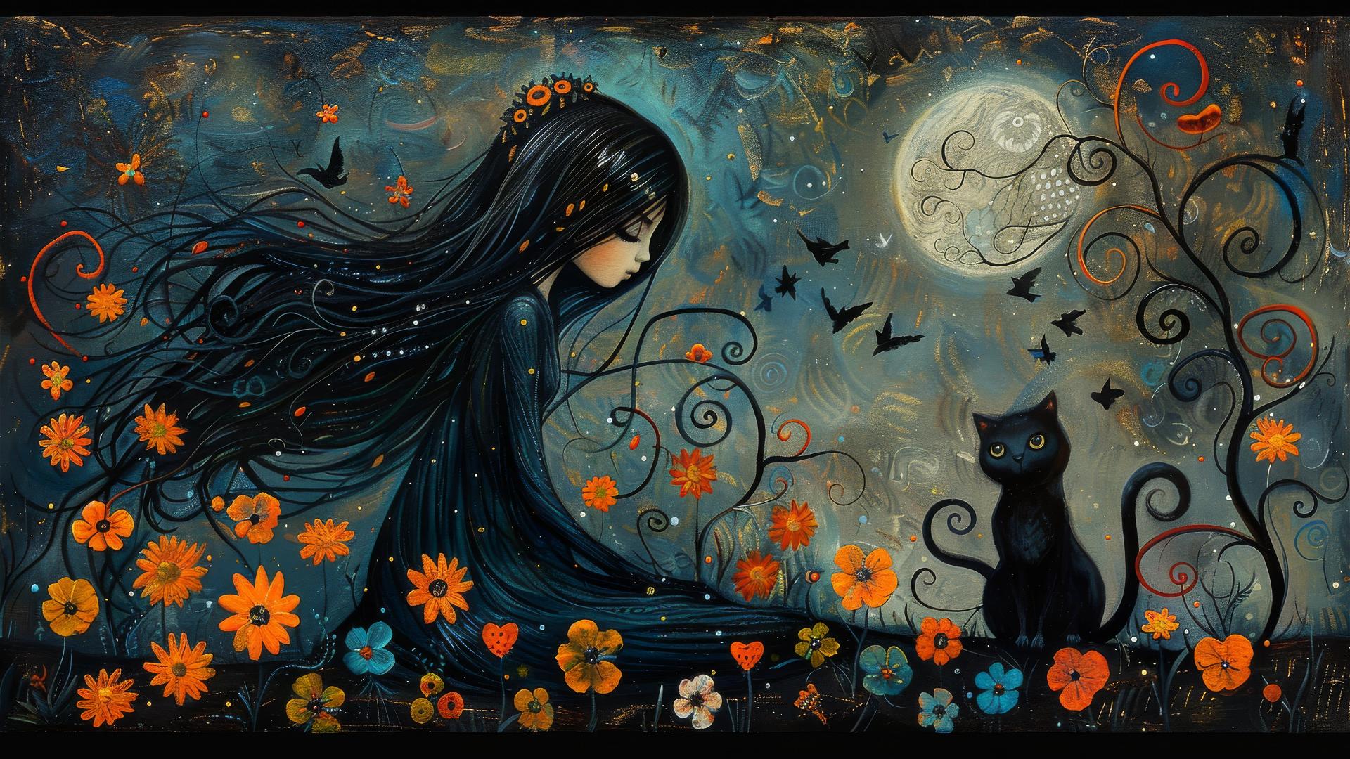 Girl with long hair, owl, and cat in a whimsical forest at night.
