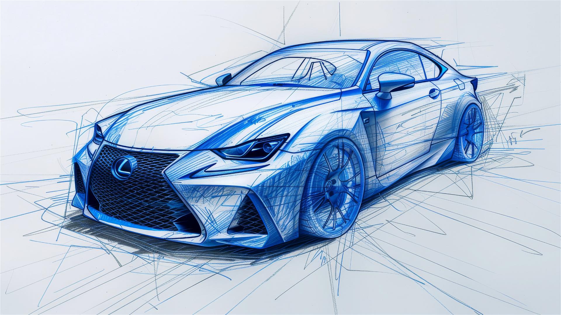 Black and white Lexus IS F blueprint and sketches.