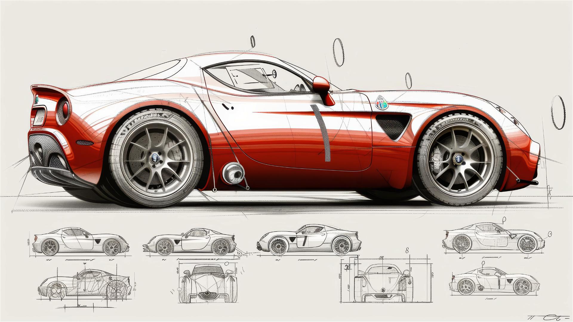 Black and white blueprint and sketch of Alfa Romeo 8C Competizione