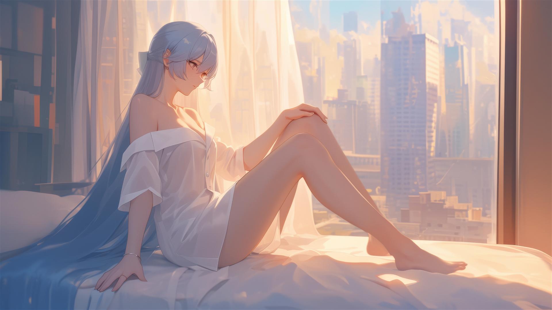 Esdeath in white silk pajamas by a window, sunrise glow.