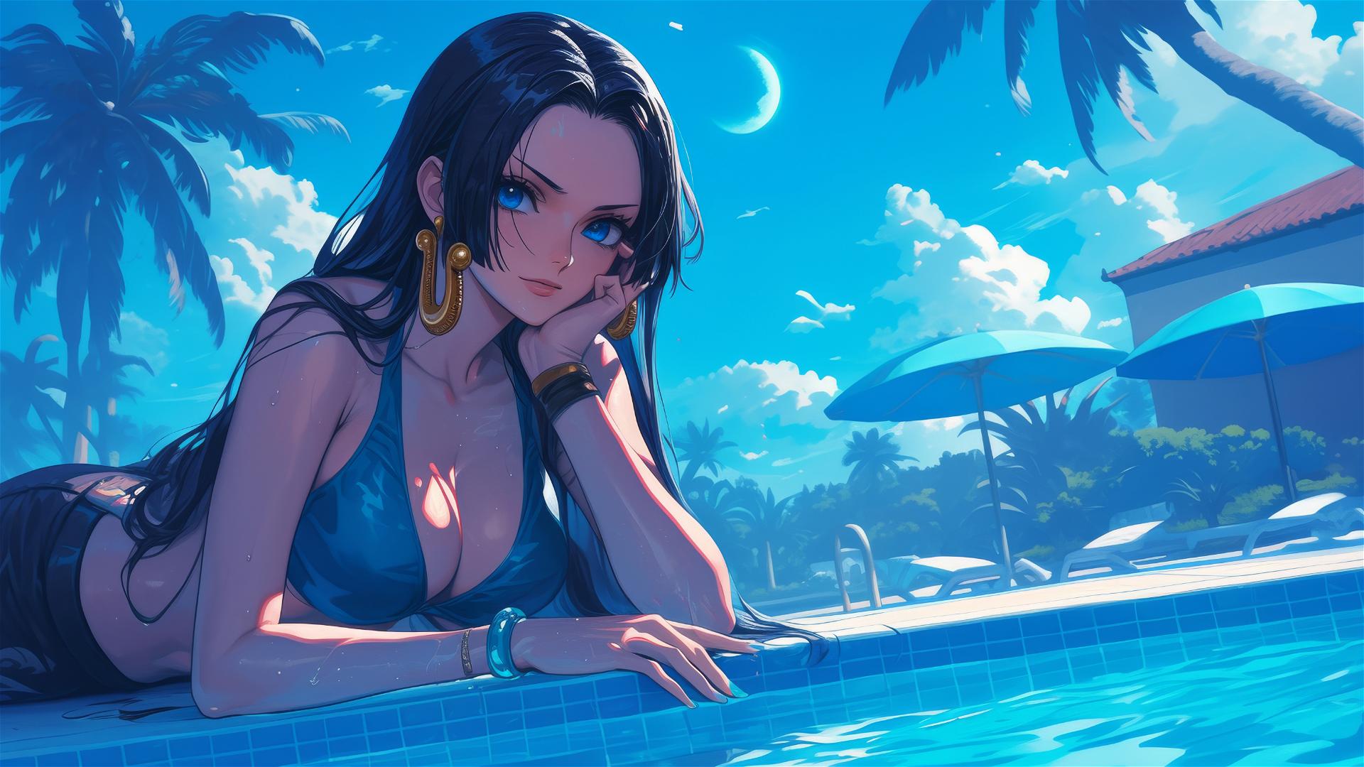 Boa Hancock from One Piece resting by the pool under moonlight