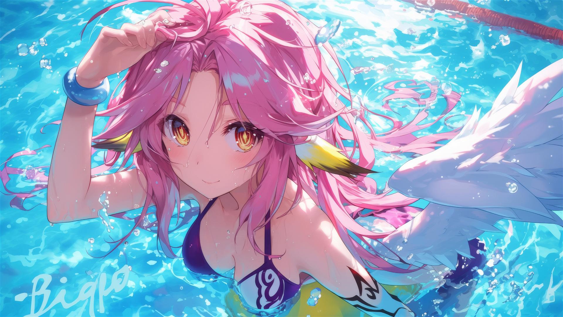 Jibril from No Game No Life swimming in moonlit pool