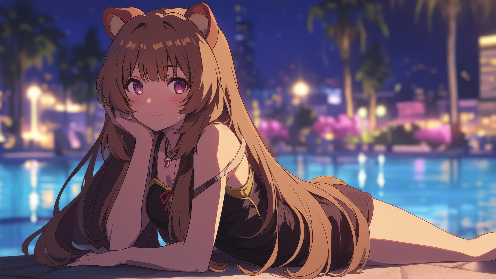 Raphtalia from The Rising of the Shield Hero relaxing by the pool under moonlight