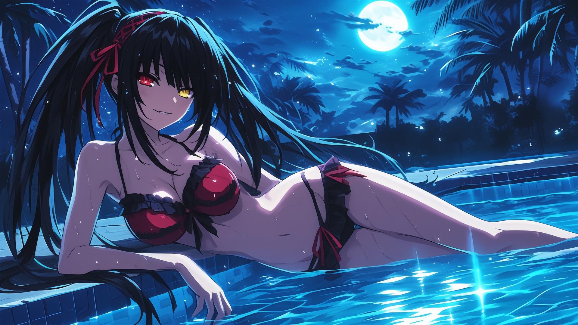 Kurumi Tokisaki swimming in moonlit pool