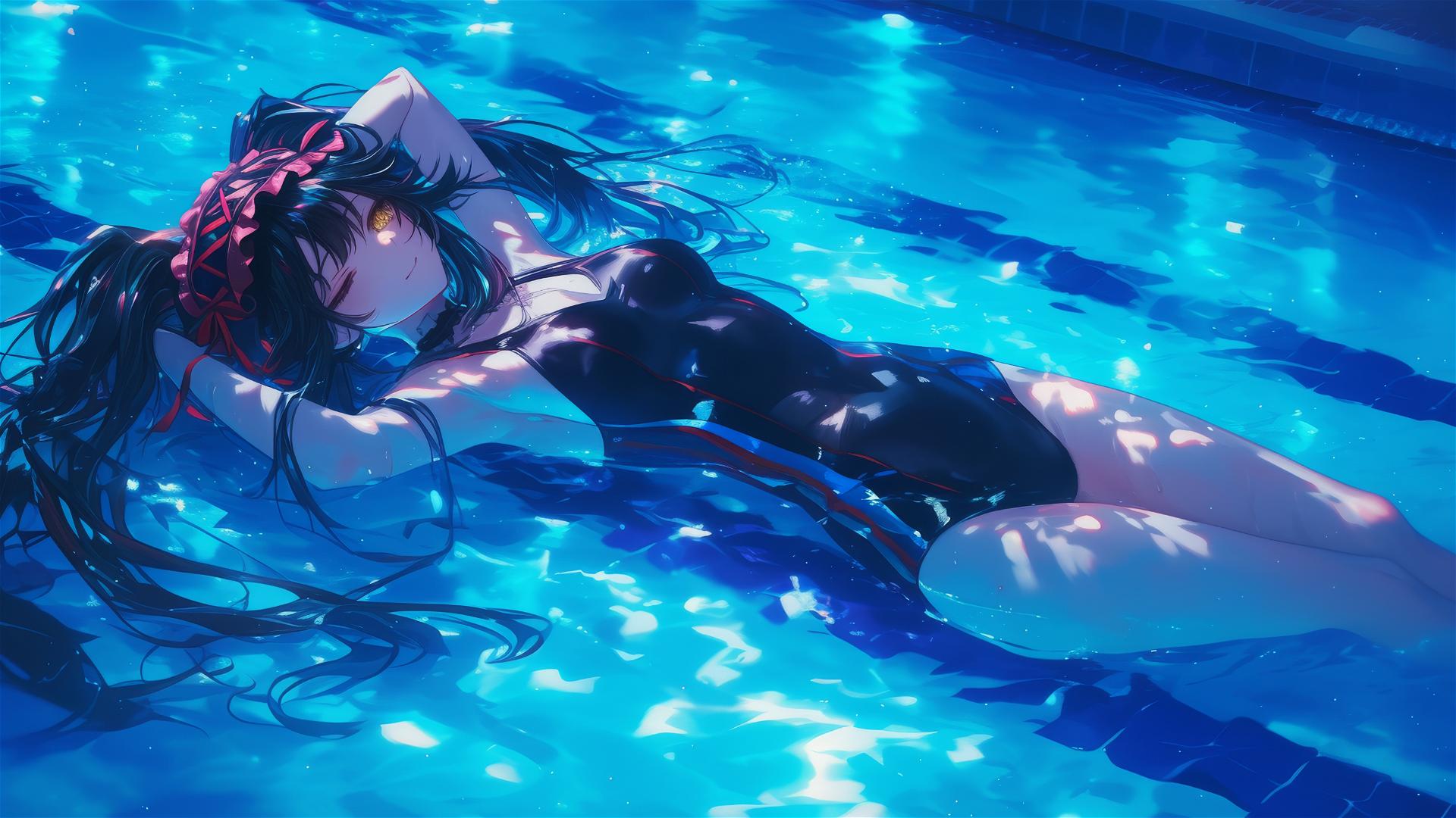 Kurumi Tokisaki swimming under moonlight in a pool