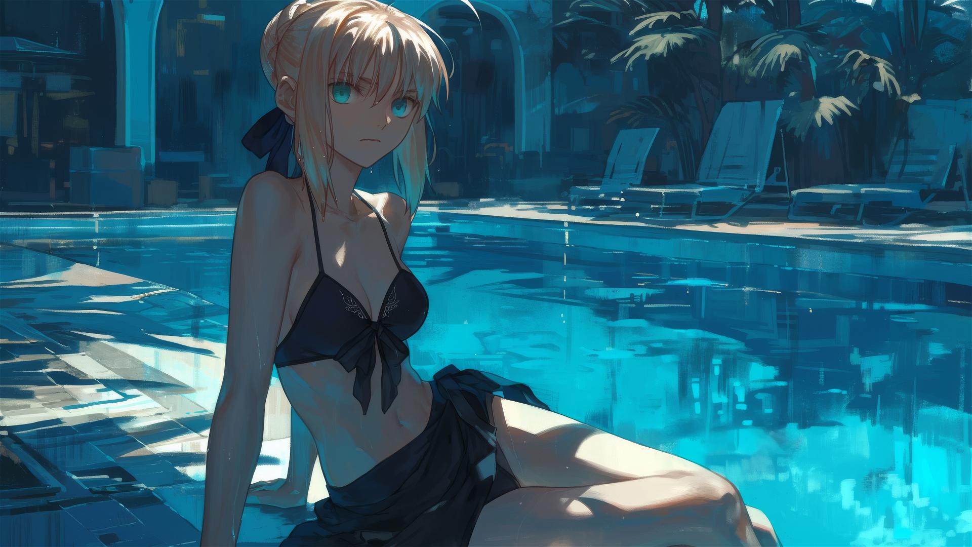 Saber from Fate/Zero resting by a pool under moonlight