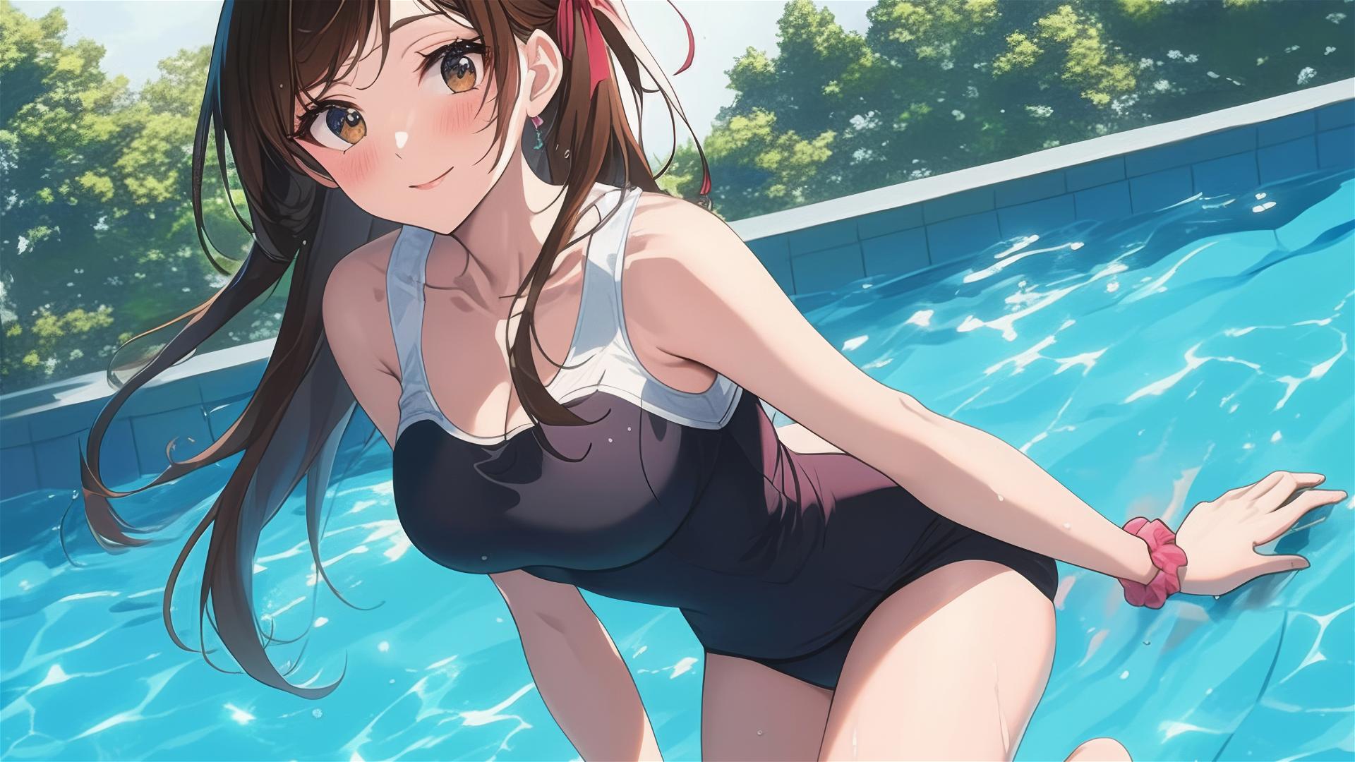 Mizuhara Chizuru from Rent-A-Girlfriend swimming in moonlit pool