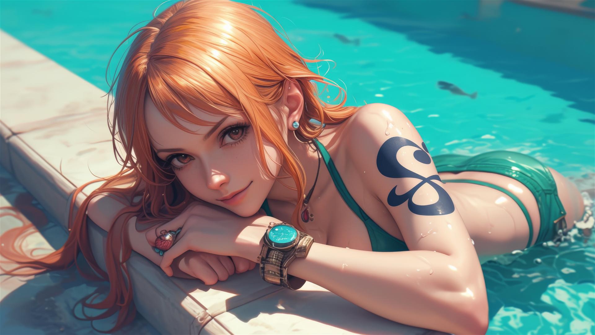 Nami from One Piece resting by pool under moonlight
