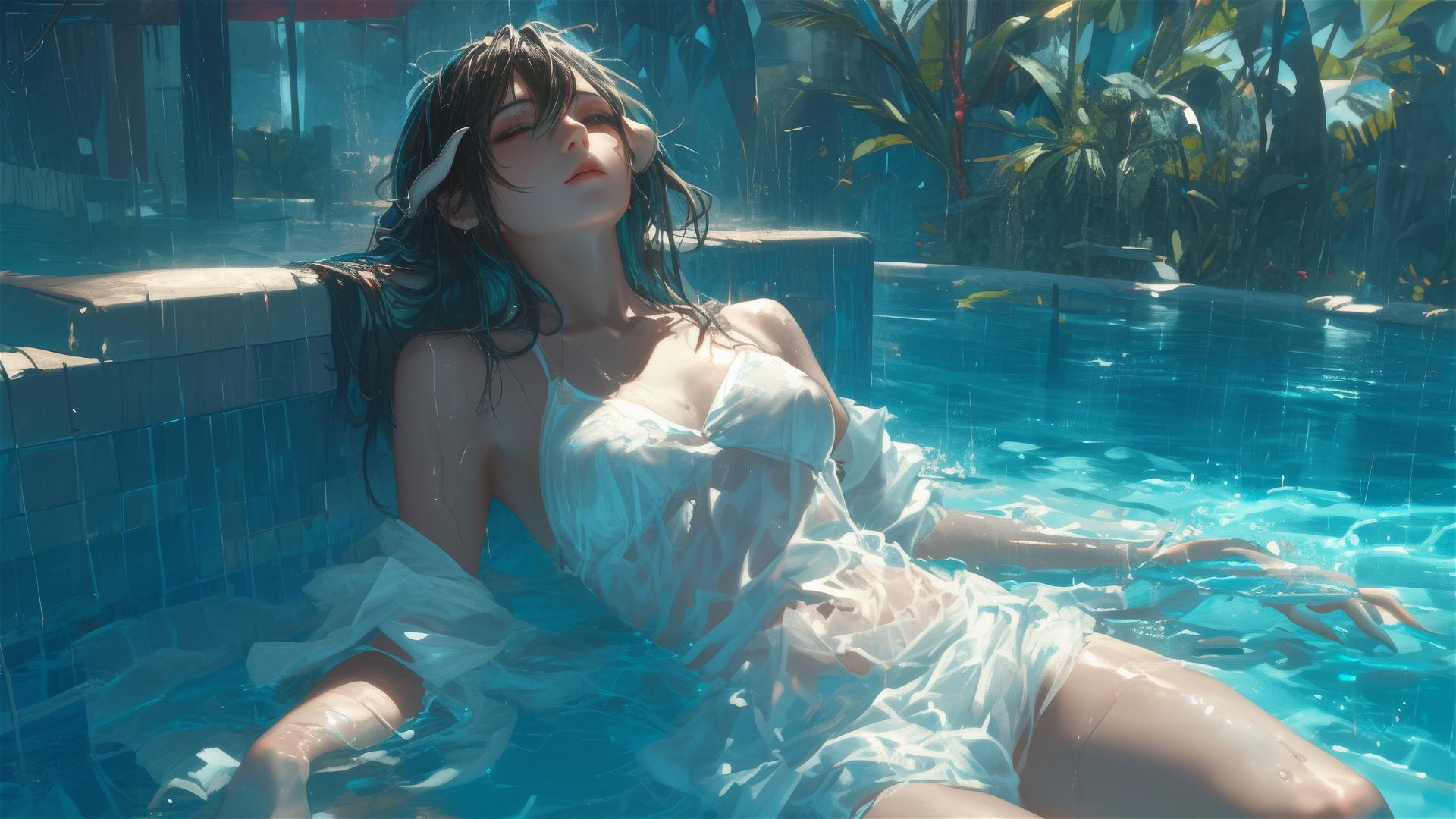 Albedo from Overlord as a bunny girl in a pool on a rainy day with moonlight