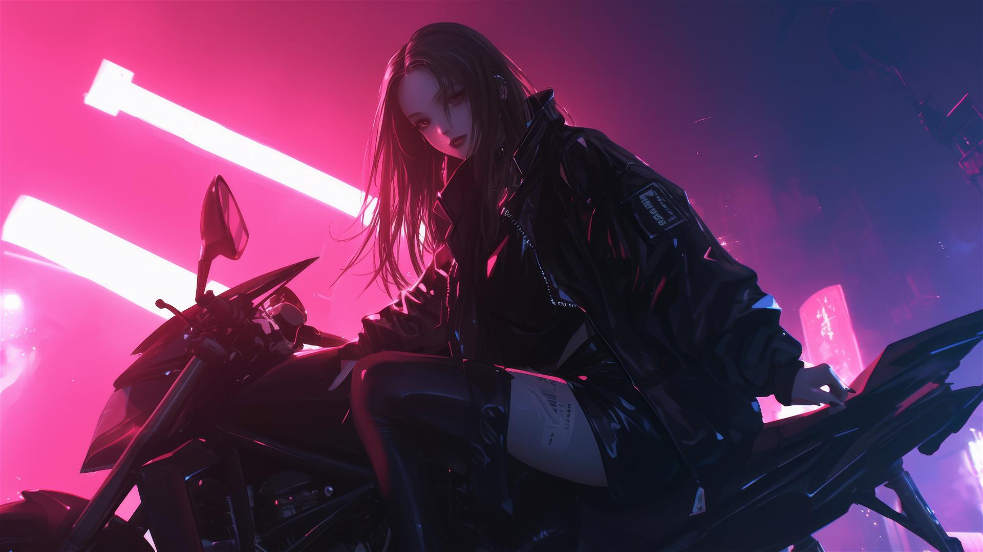 Cyberpunk girl in dynamic pose with thigh focus on dark background