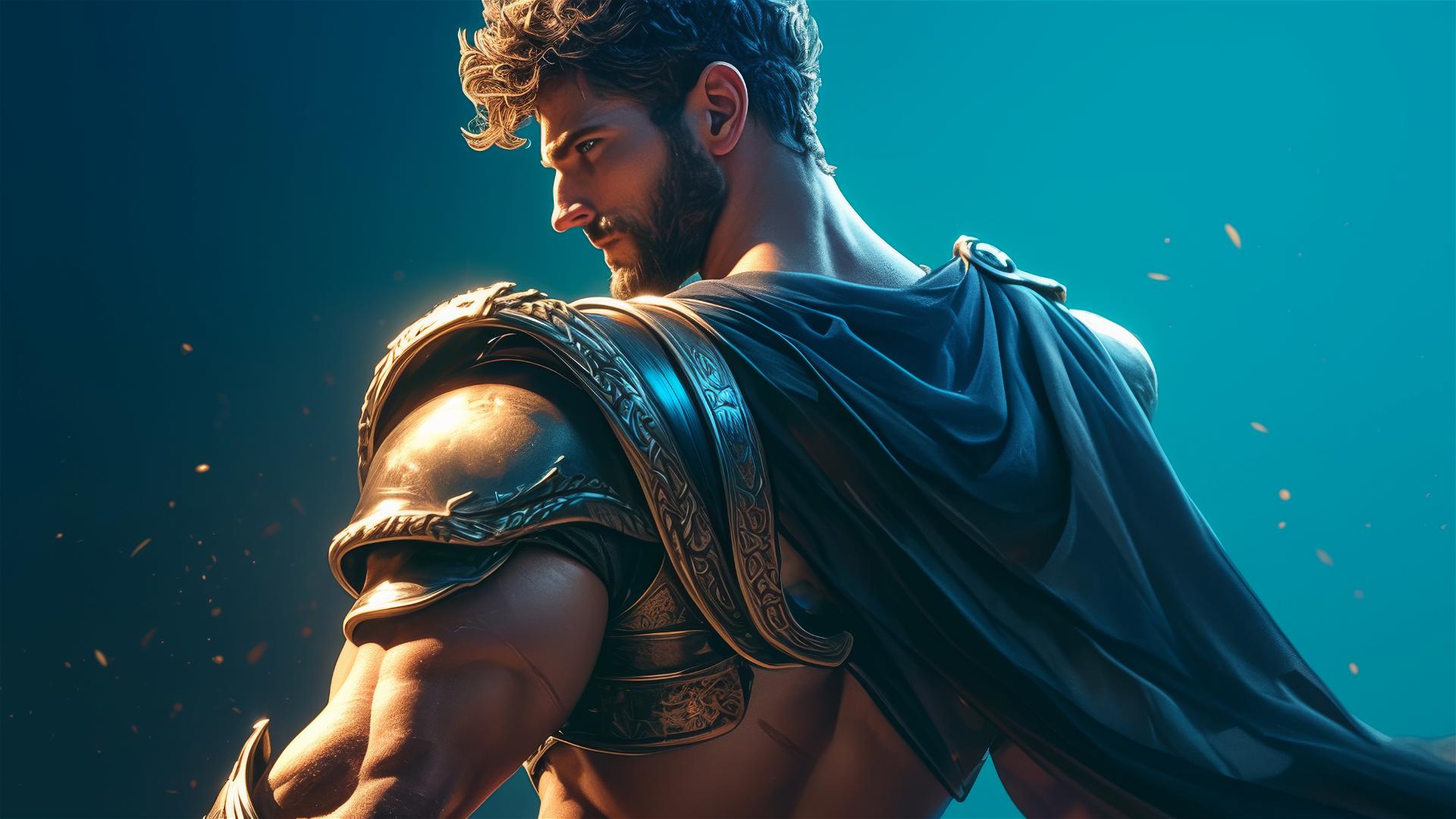 Gladiator warrior in spotlight on dark background