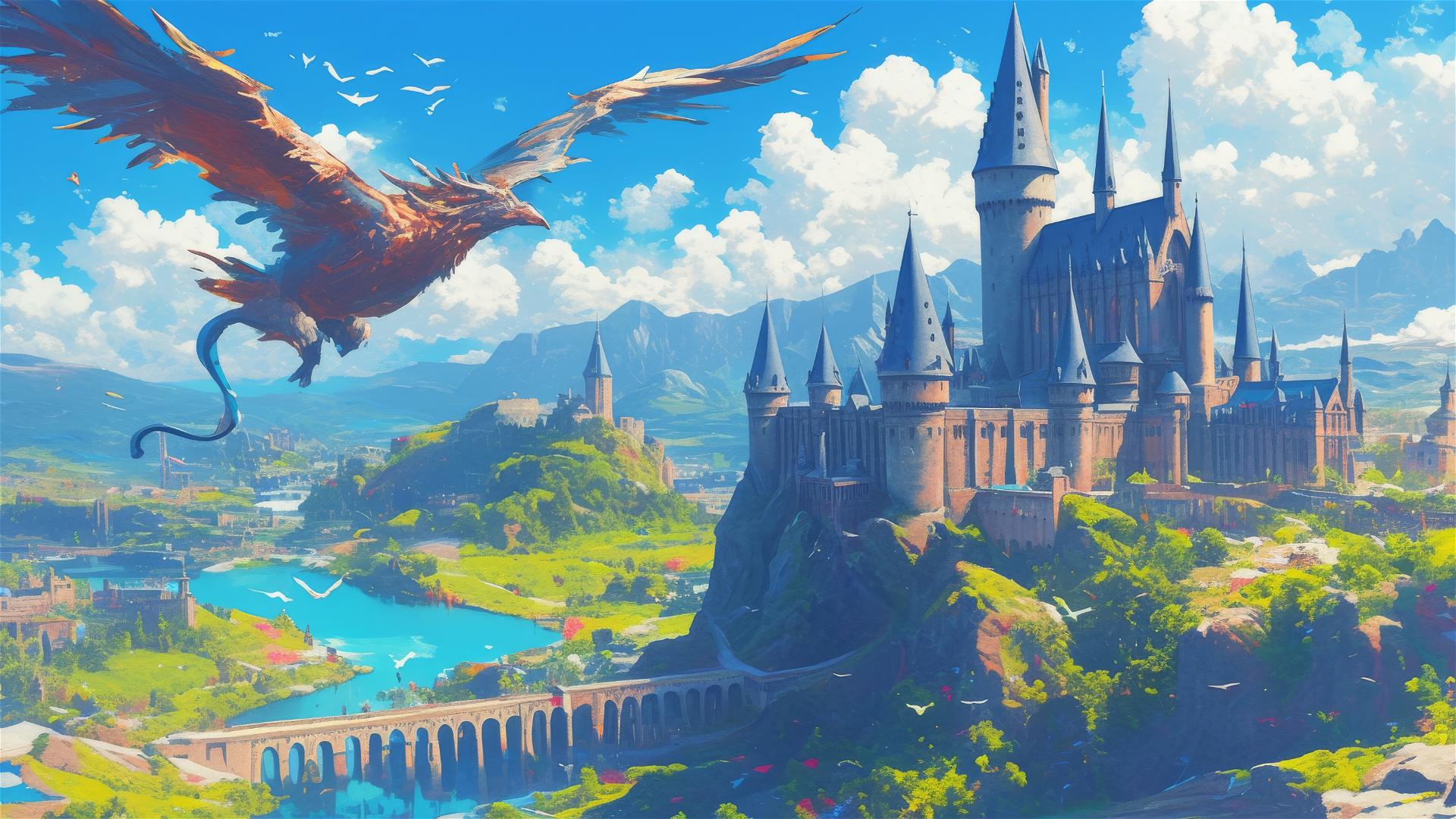 Ghibli-inspired illustration of Hogwarts from Harry Potter