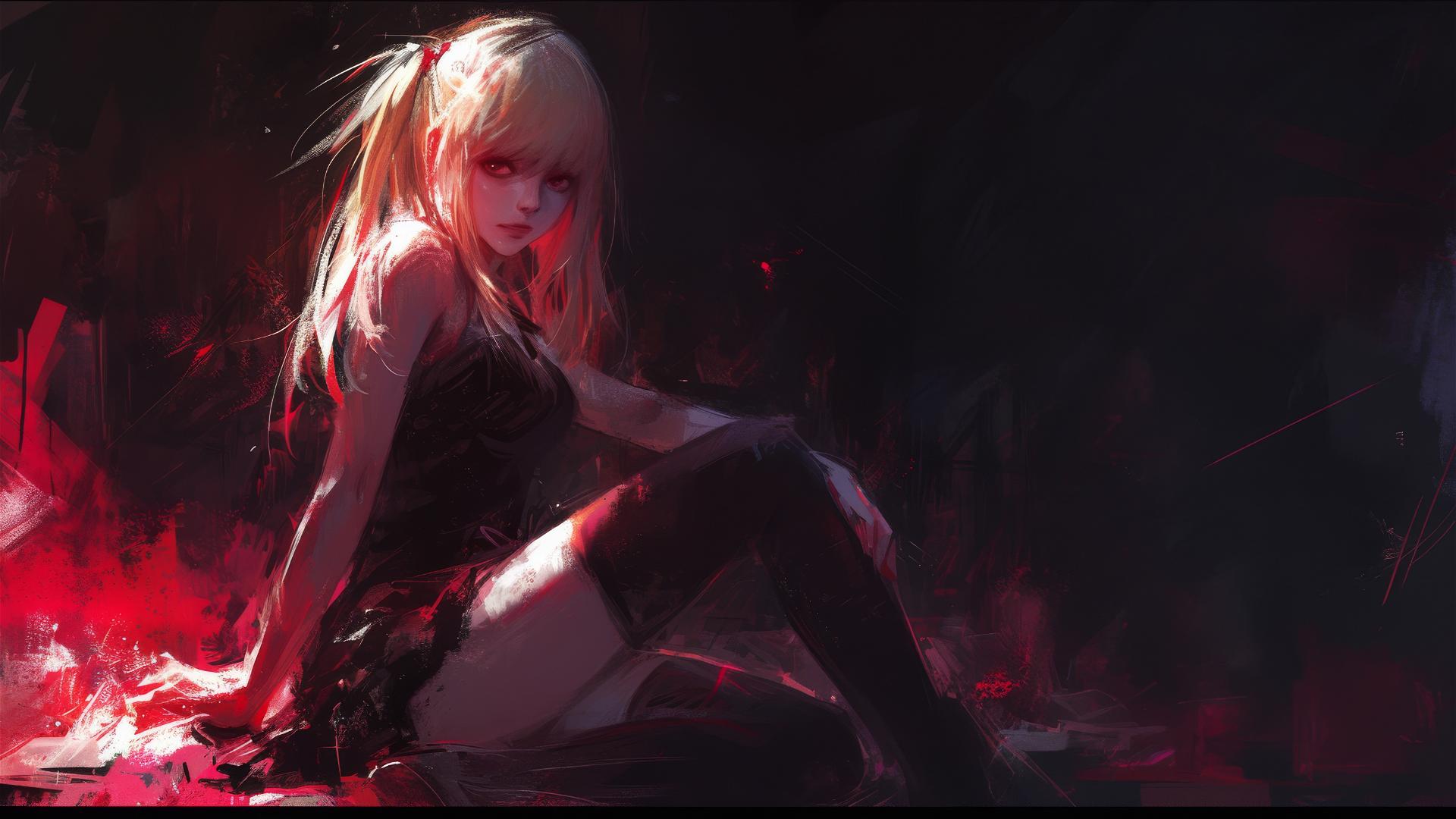 Isolated image of Misa Amane from Death Note with red eyes, in a dynamic pose on a dark background, under a spotlight effect