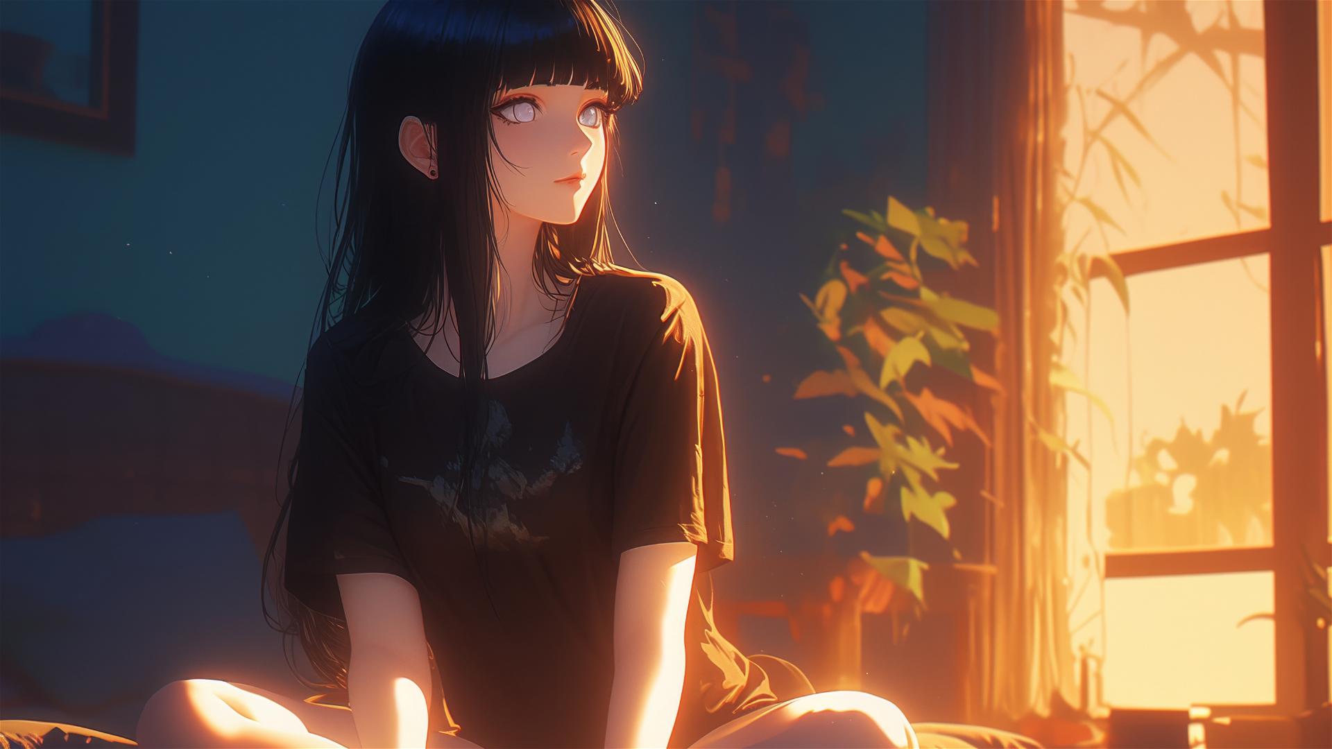 Hinata Hyuga sitting in a modern hotel with warm light and white eyes