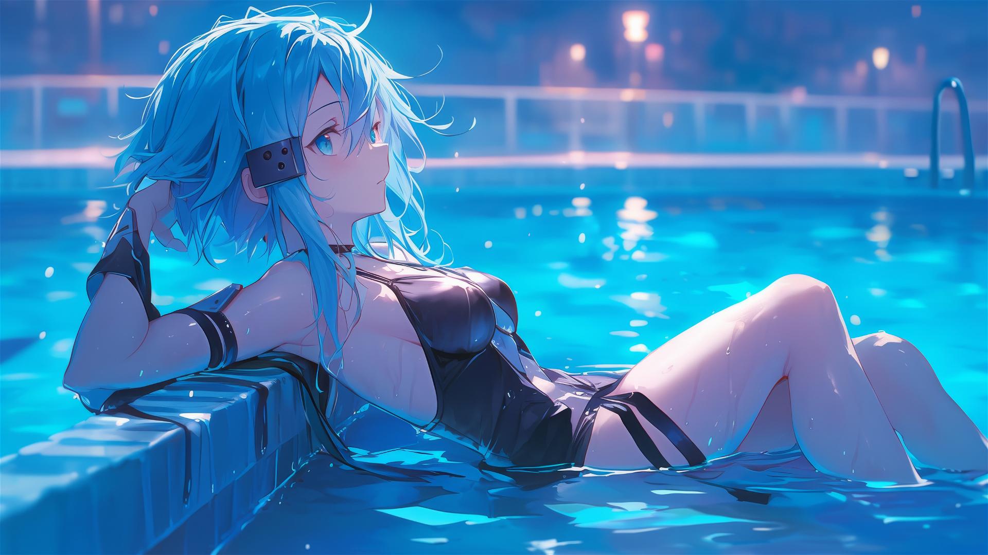 Sinon from SAO resting by pool under moonlight