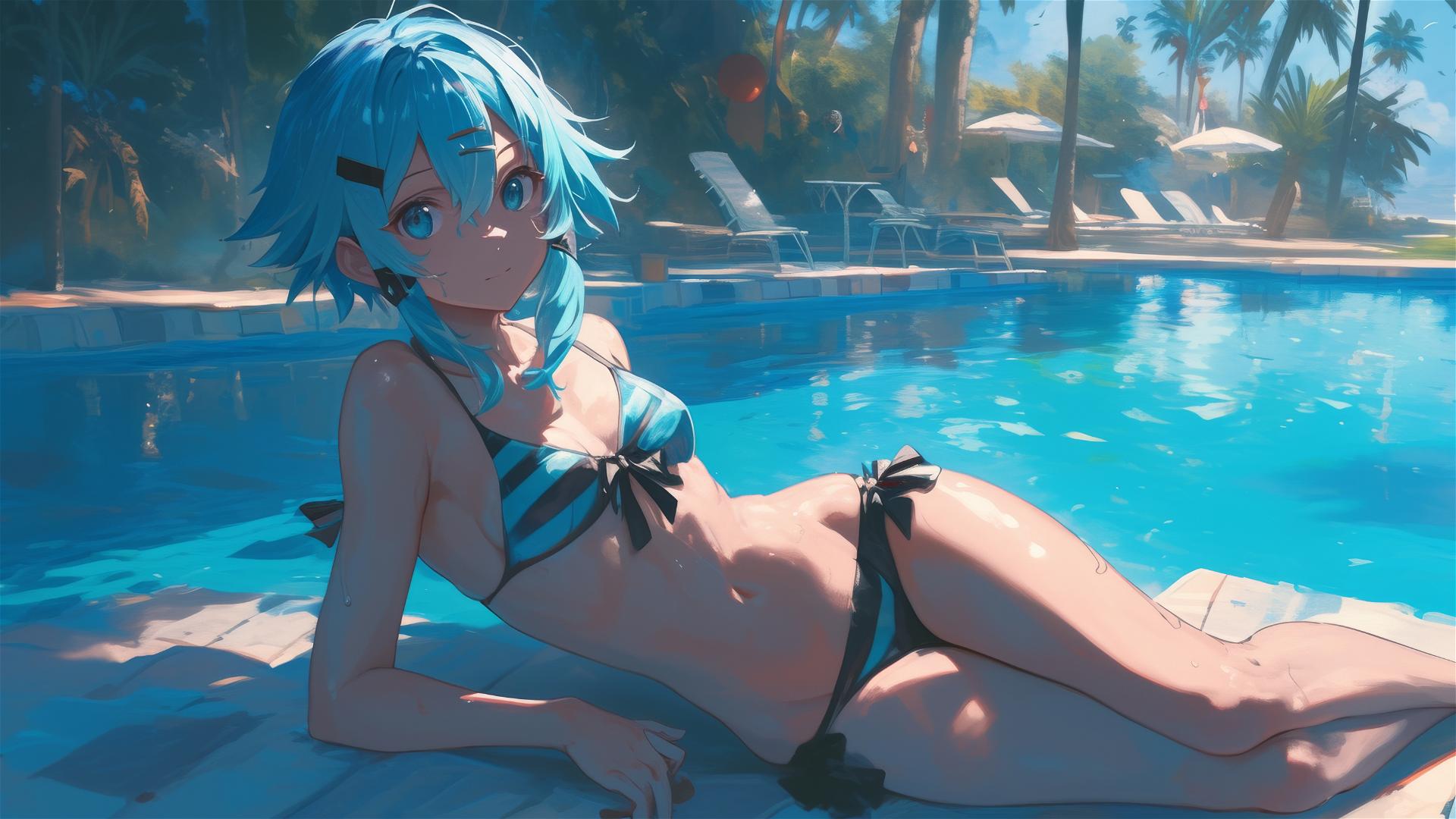 Sinon from SAO resting by pool under moonlight