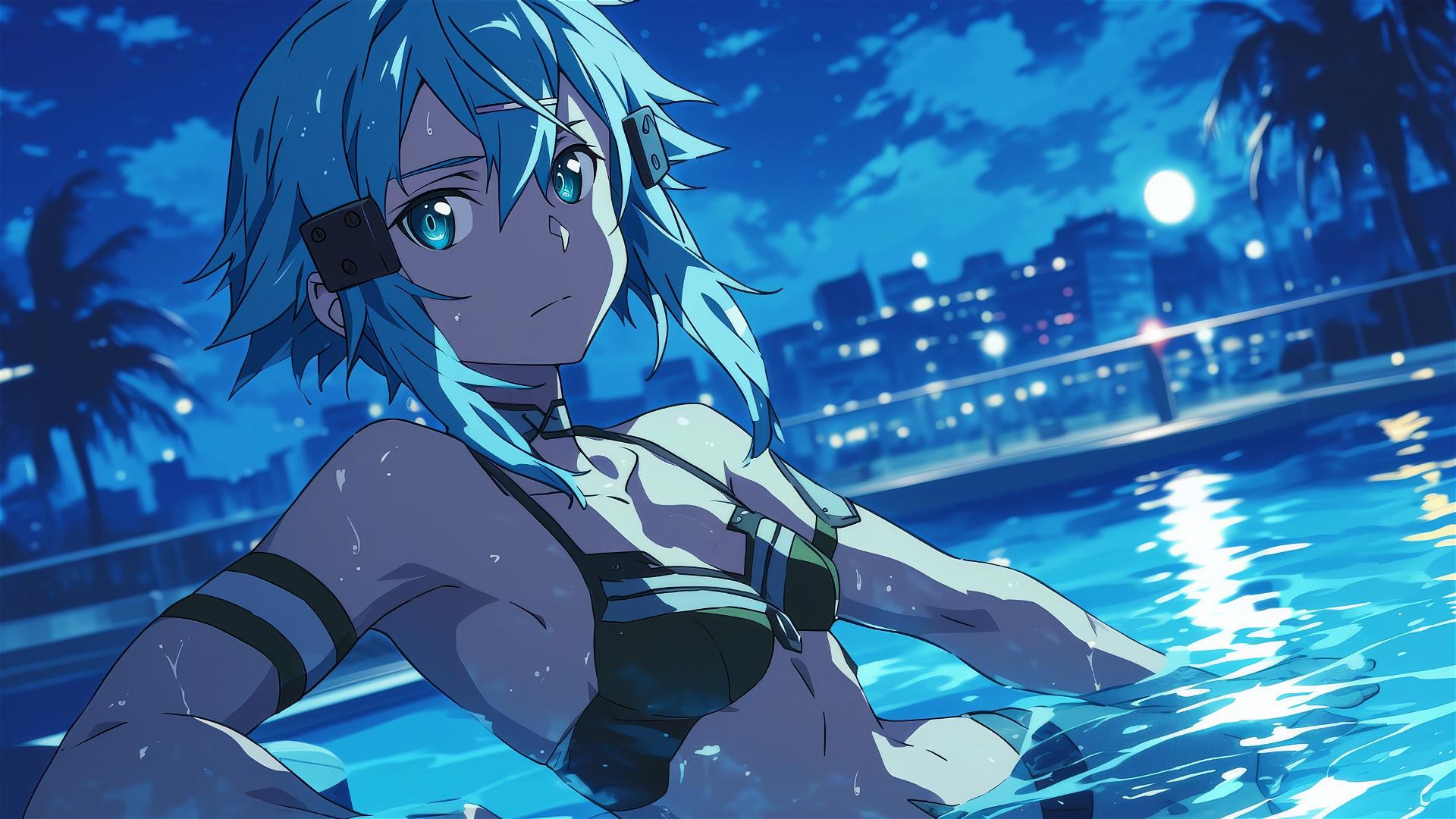 Sinon from Sword Art Online in pool under moonlight with green eyes