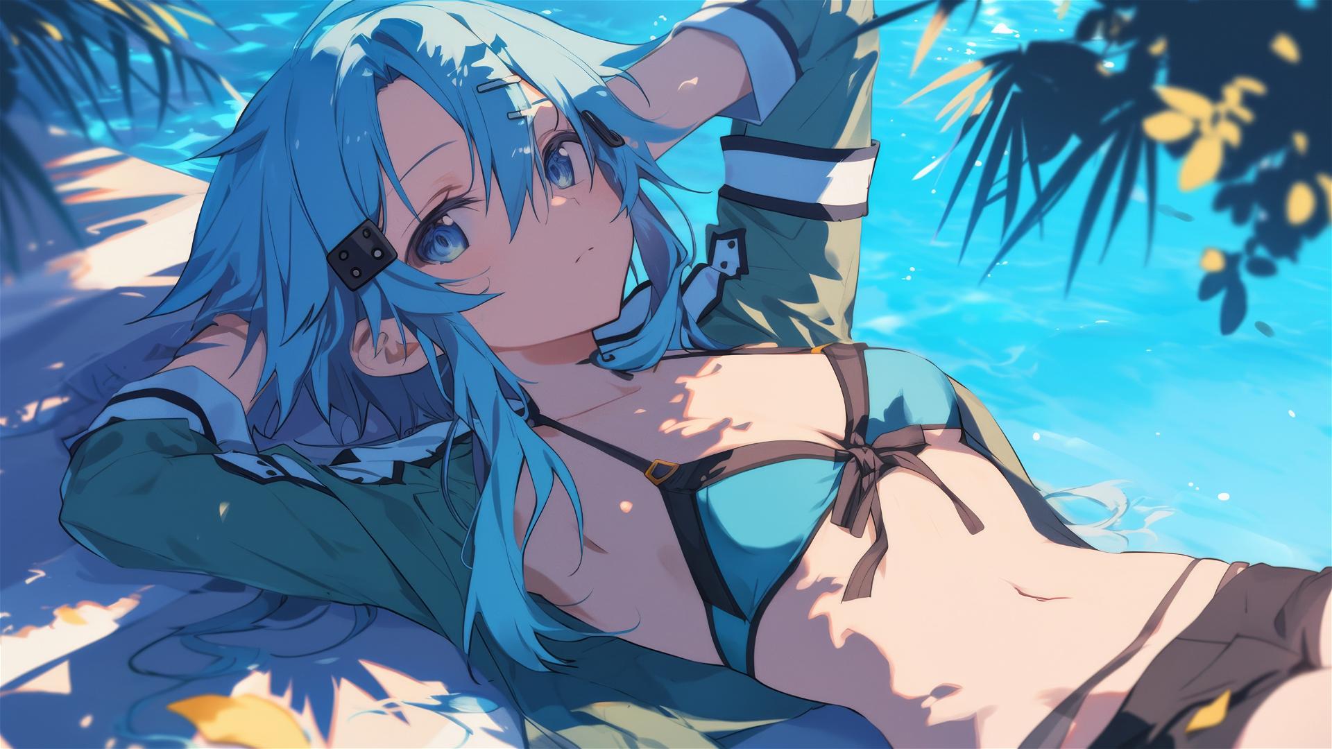 Sinon from Sword Art Online resting by pool under moonlight