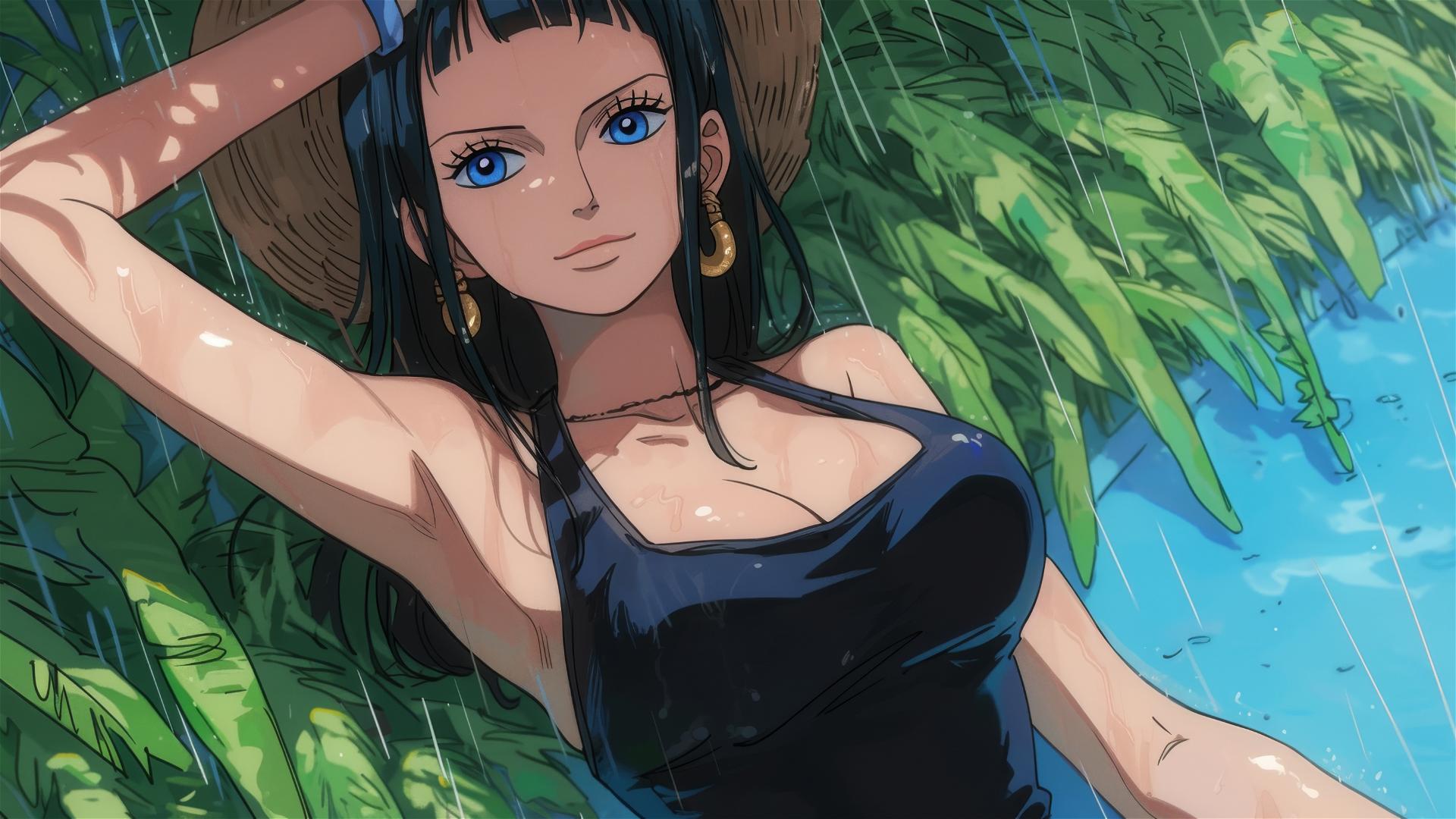 Nico Robin from One Piece resting by pool in moonlight, bunny girl style on rainy day