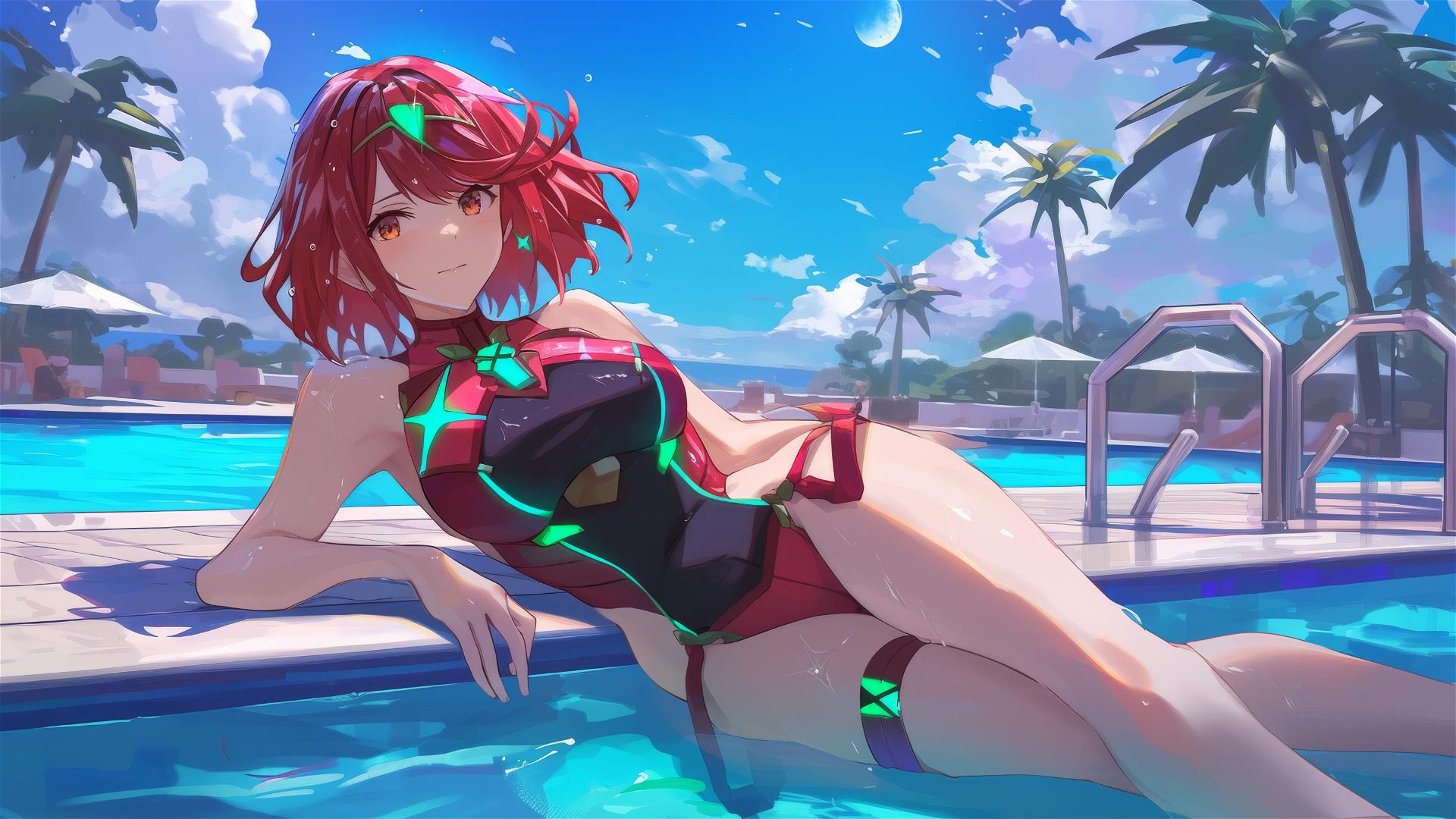 Pyra from Xenoblade Chronicles resting by pool under moonlight