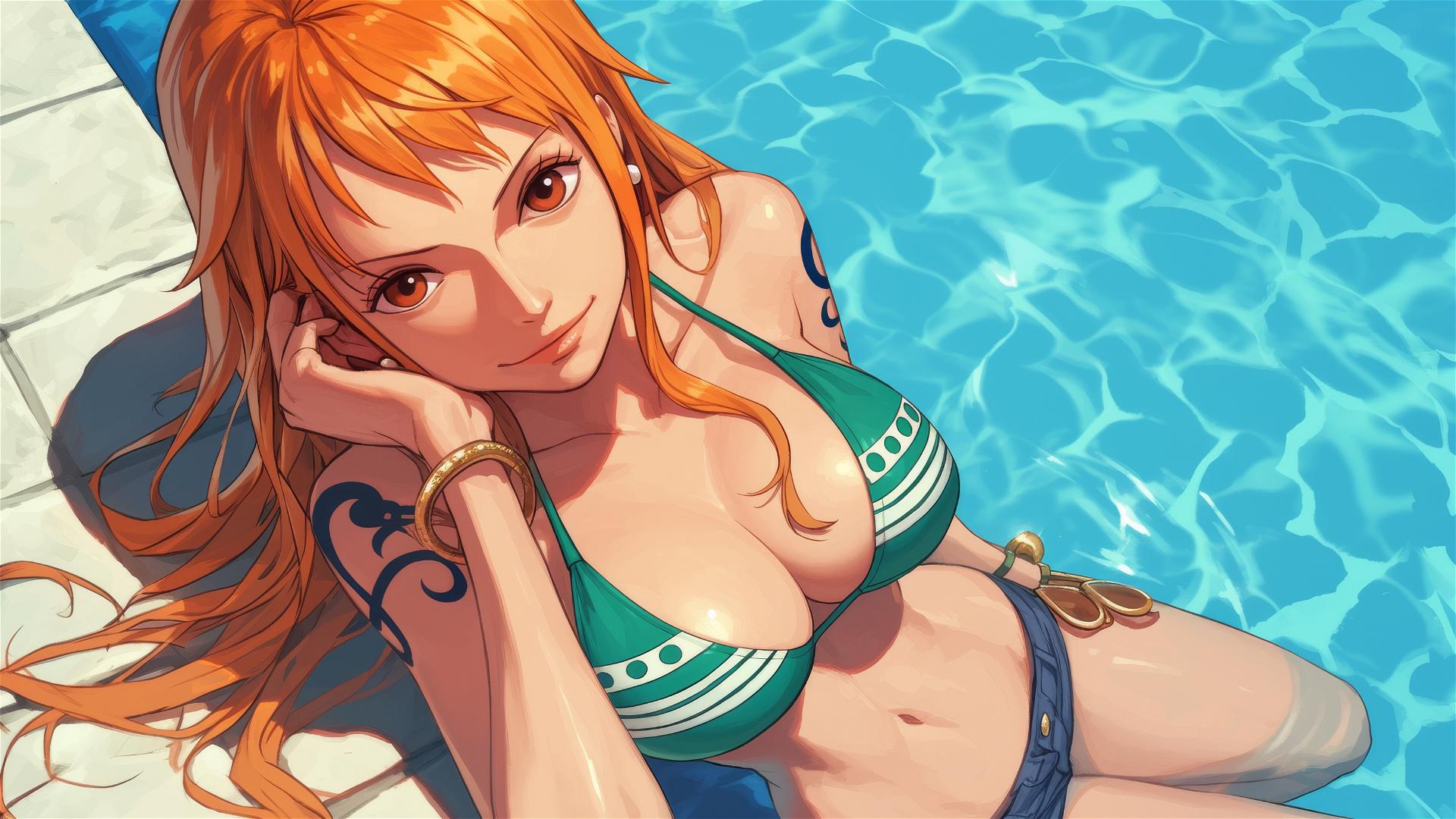 Nami from One Piece resting by a pool under moonlight