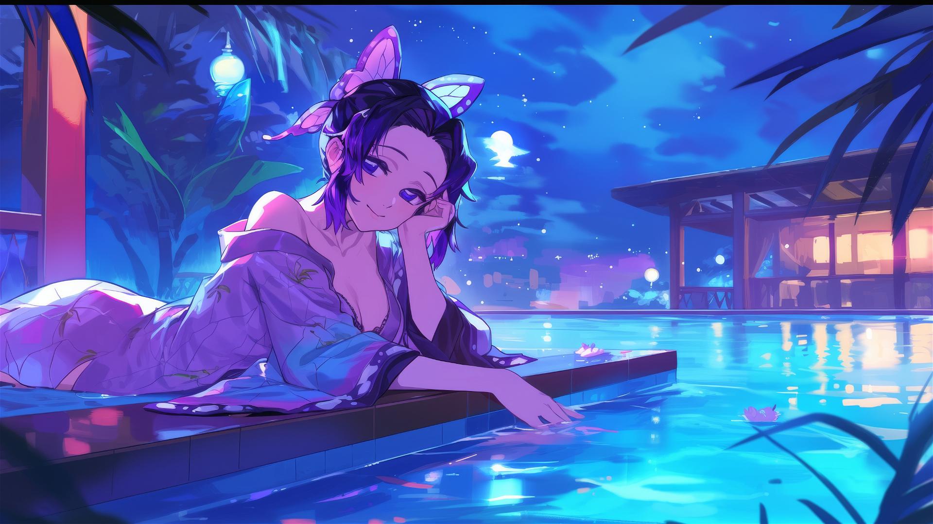 Shinobu Kocho from Demon Slayer in silk pajamas by the pool under moonlight