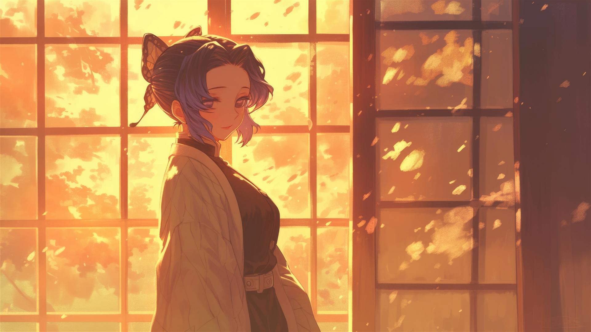 Shinobu Kocho in silk pajamas at sunrise in an apartment