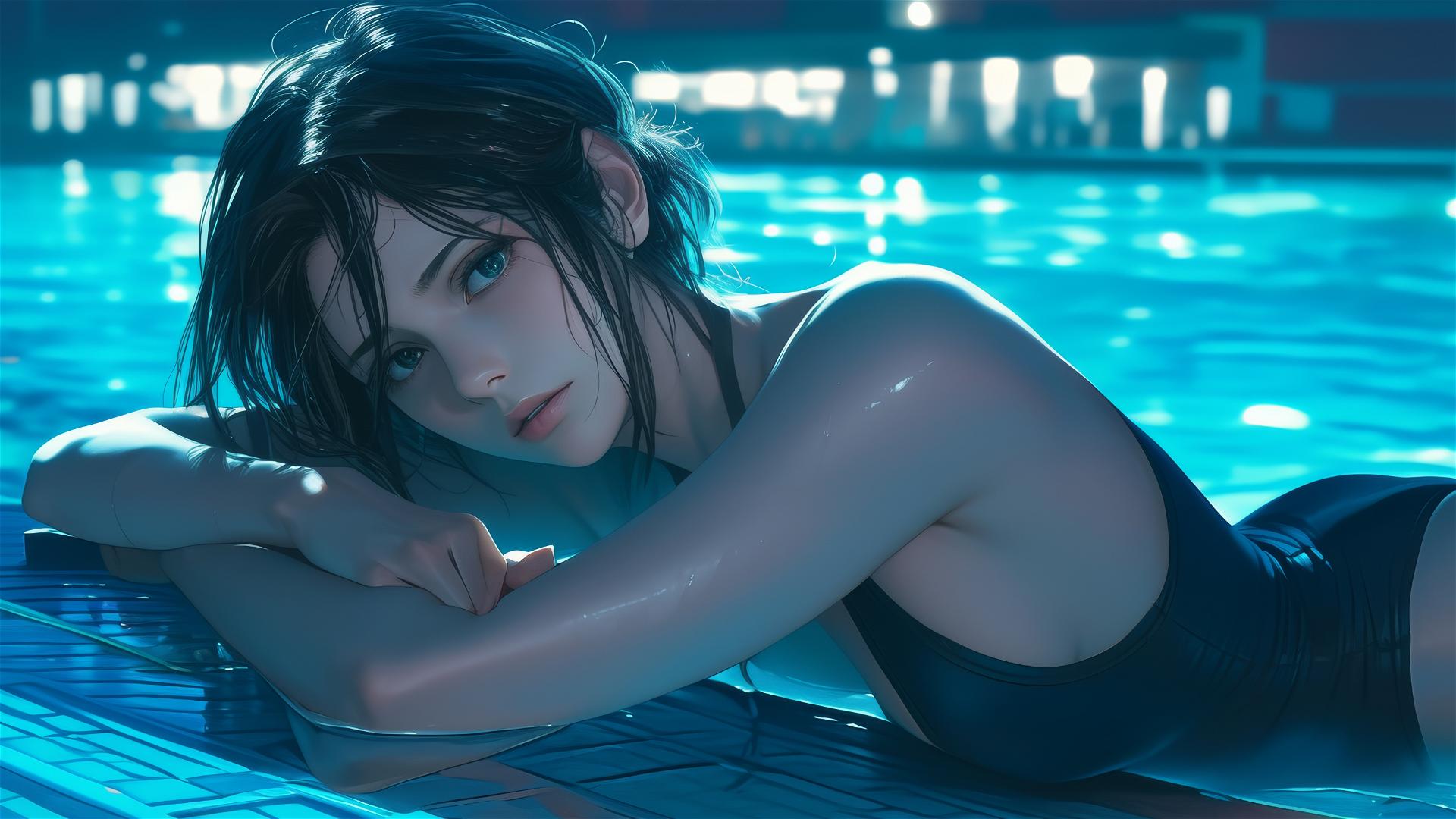 Mikasa Ackerman by pool under moonlight