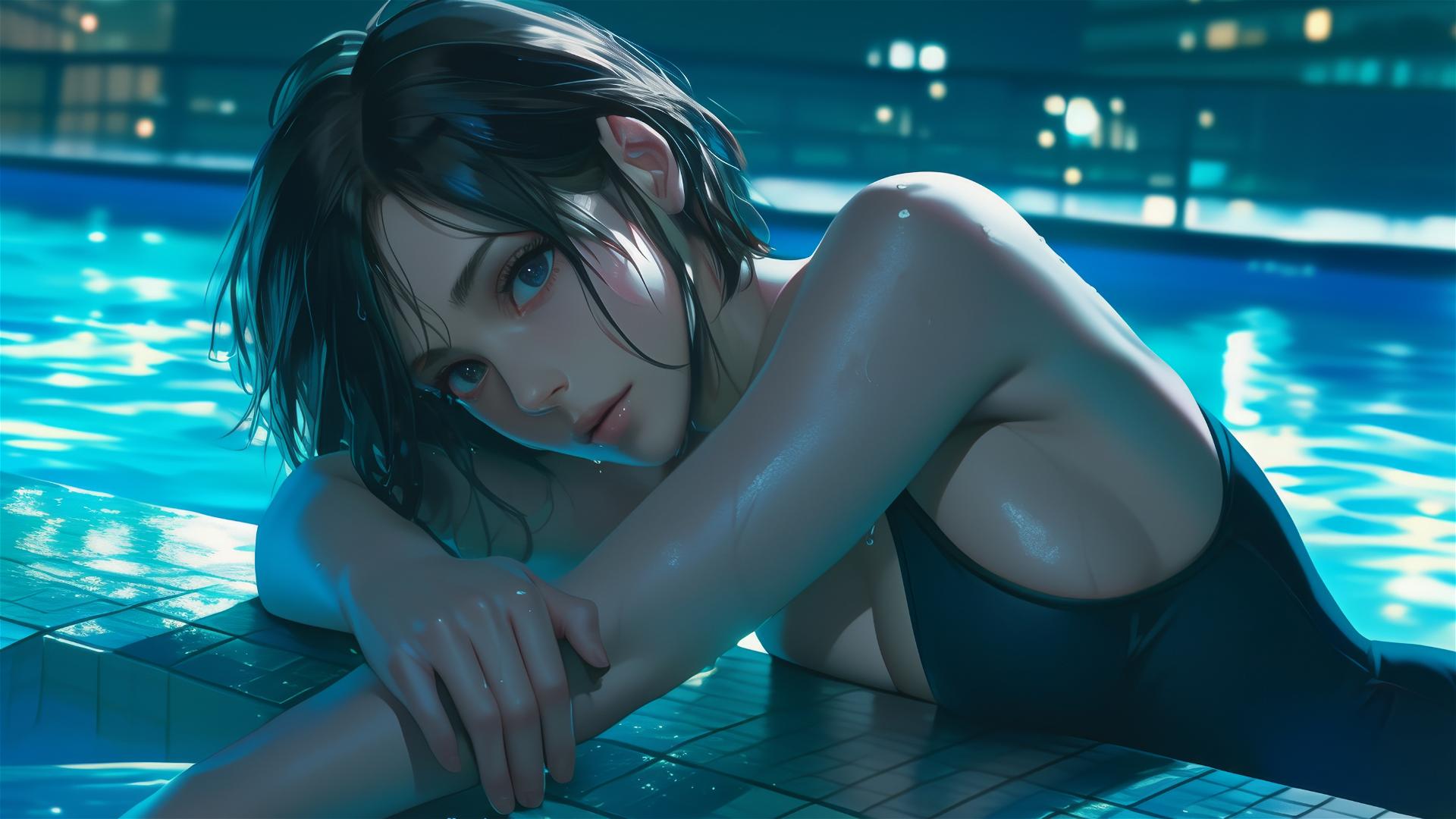 Mikasa Ackerman resting by pool under moonlight