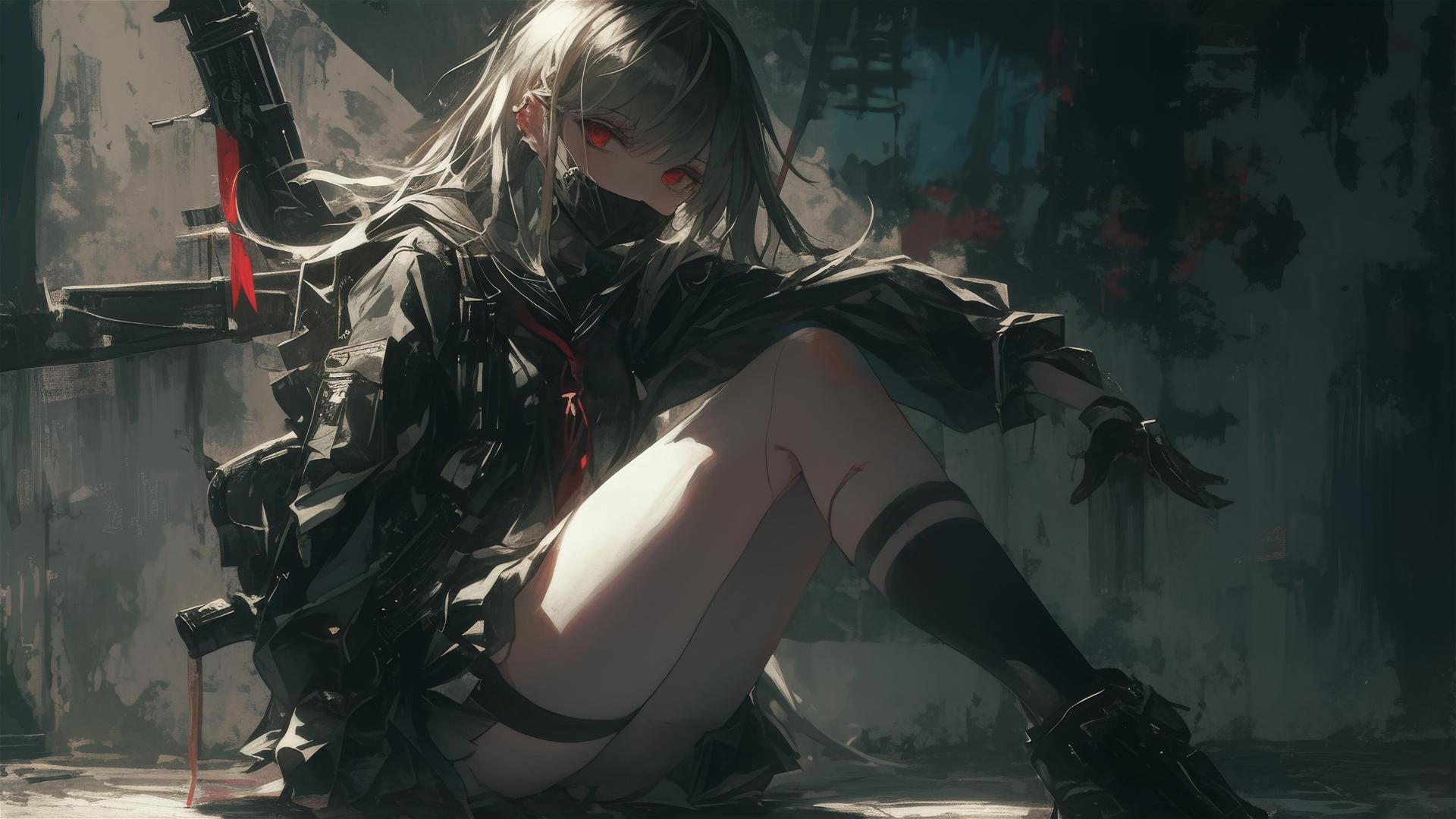 Tactical schoolgirl with thigh focus in dynamic pose and dark mask, spotlight effect