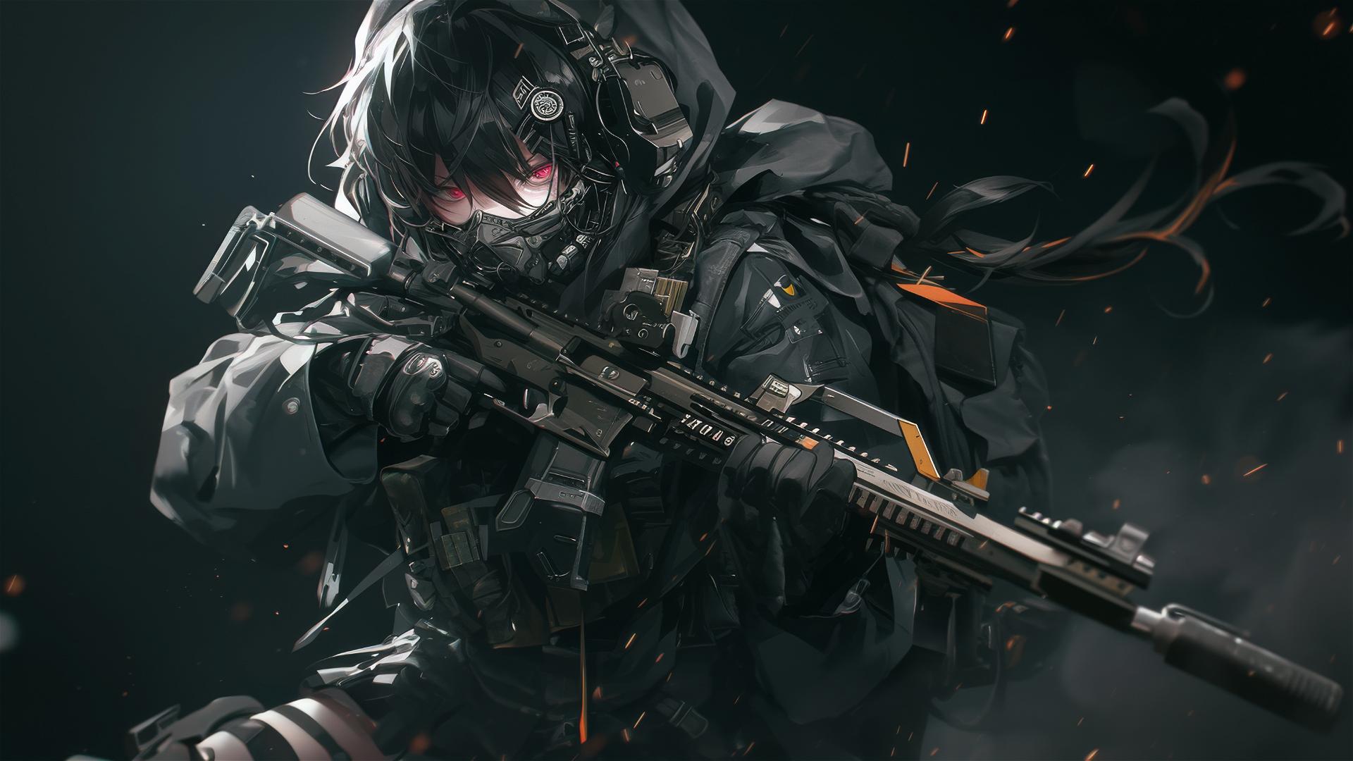 Tactical school girl with thigh focus in dynamic pose and dark mask