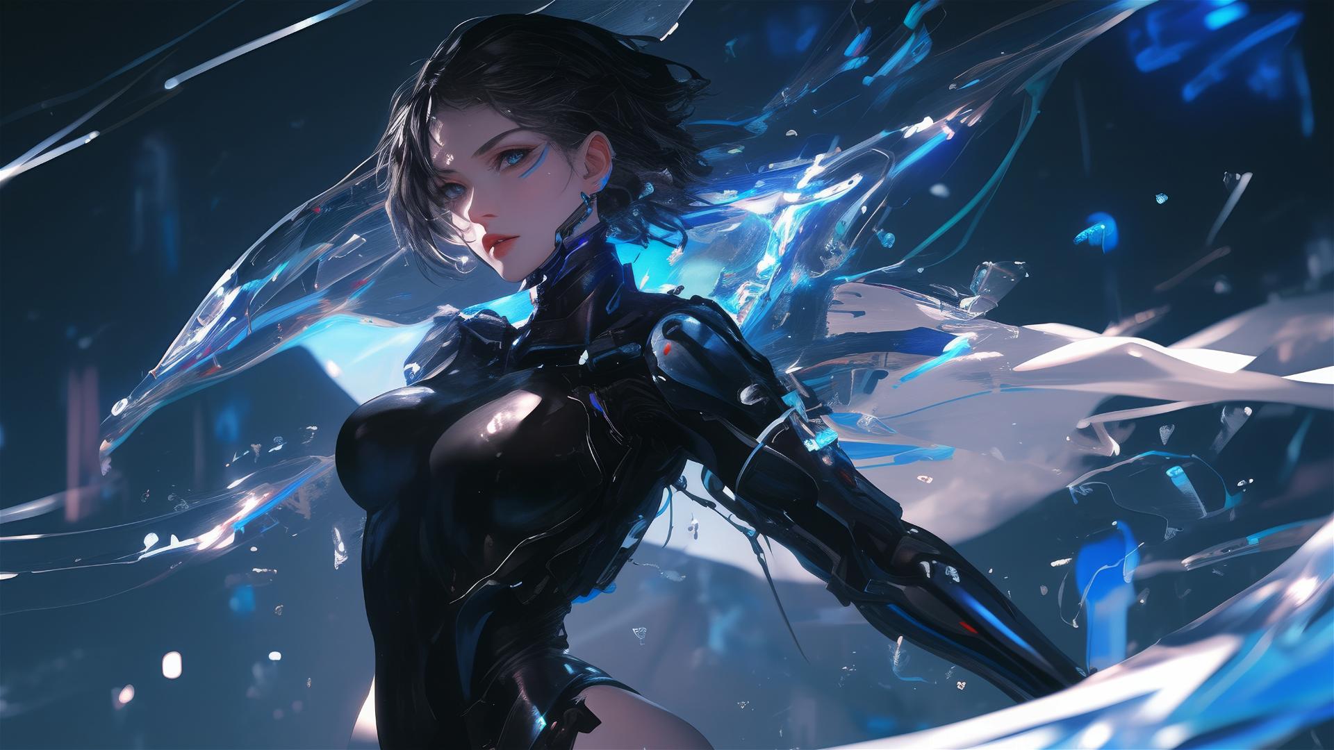 Cybernetic Agent Girl in dynamic pose on dark background with spotlight