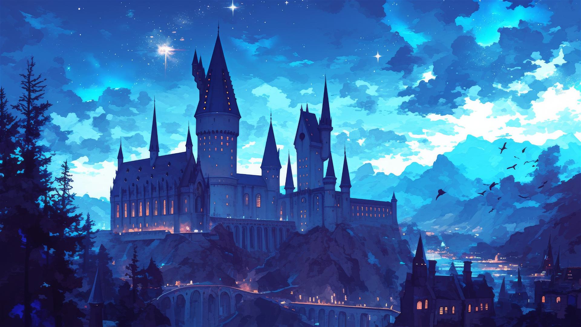 Ghibli-style Hogwarts under starry night sky