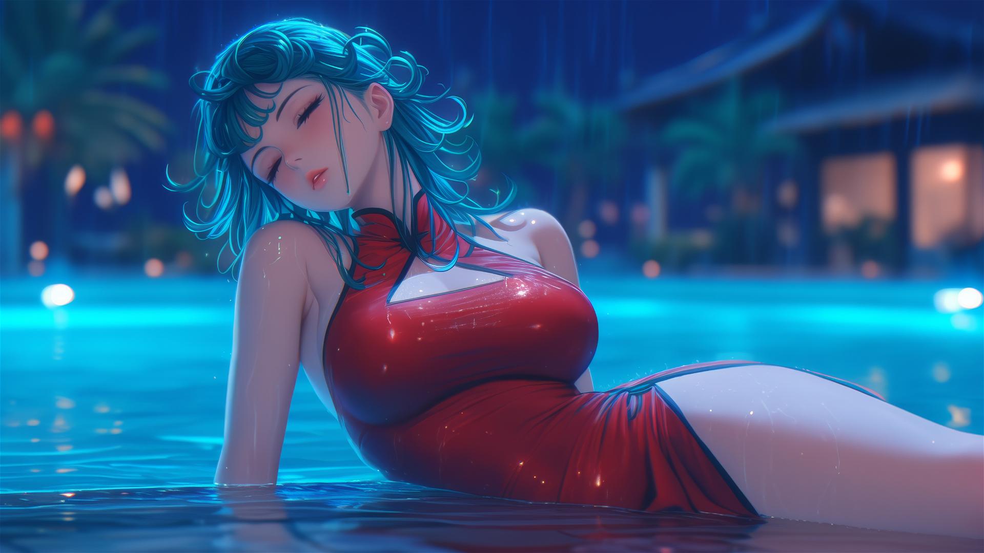Tatsumaki from One-Punch Man resting by pool under moonlight in red dress with rain