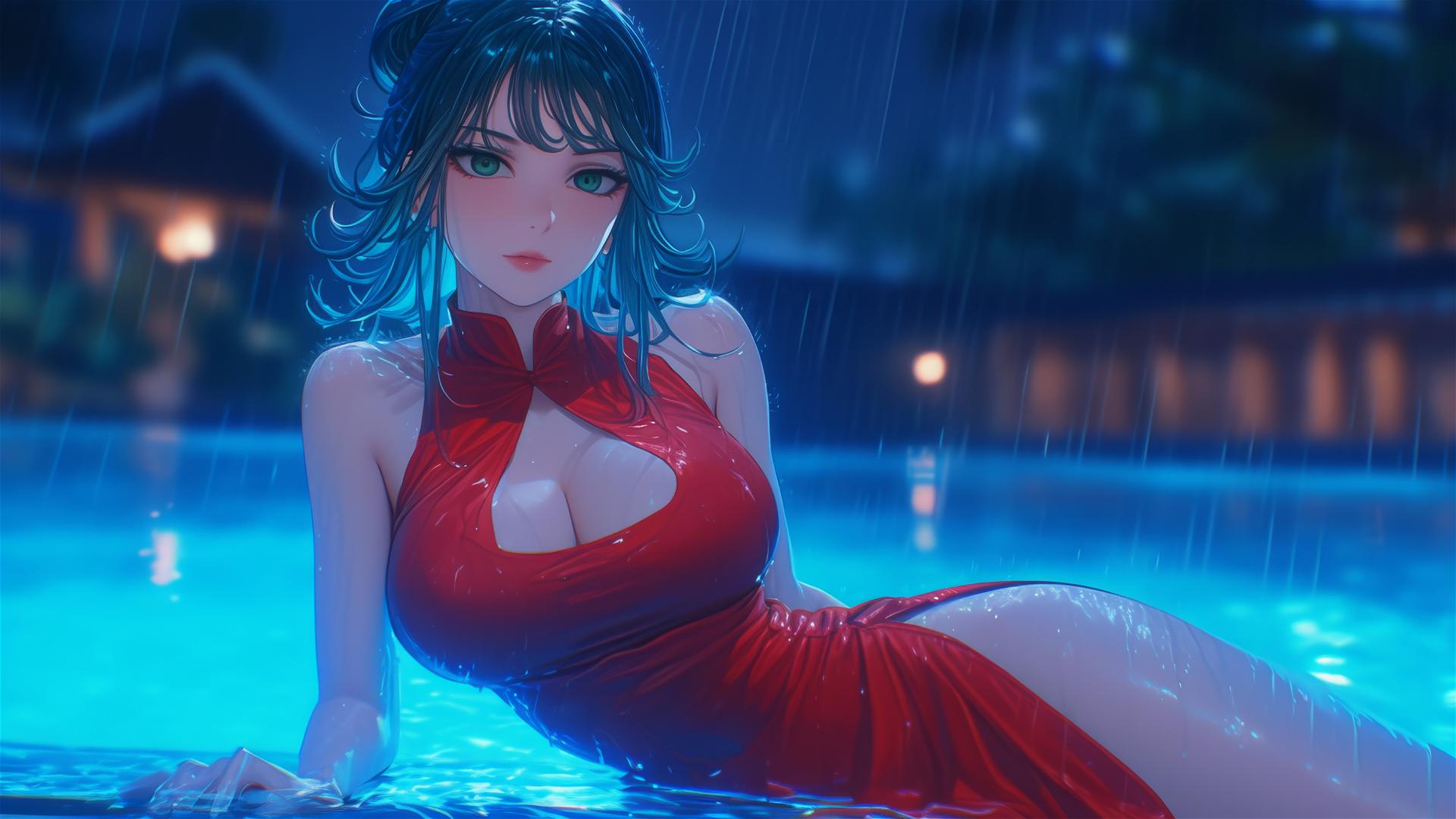 Tatsumaki from One-Punch Man resting by a pool under the moonlight in a red dress with rain.