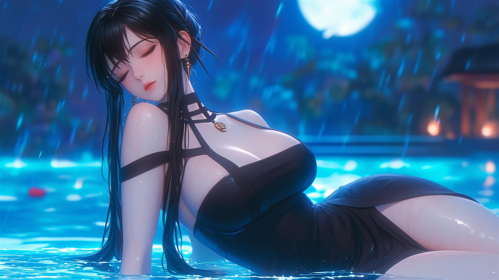 Yor Forger from Spy x Family relaxing by poolside under moonlight