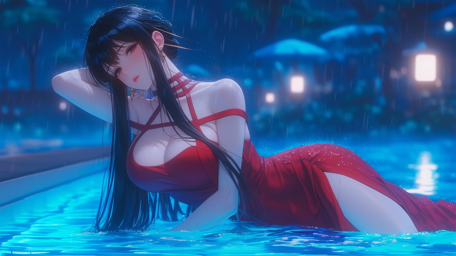 Yor Forger from Spy x Family resting by pool in moonlight, wearing red pajamas