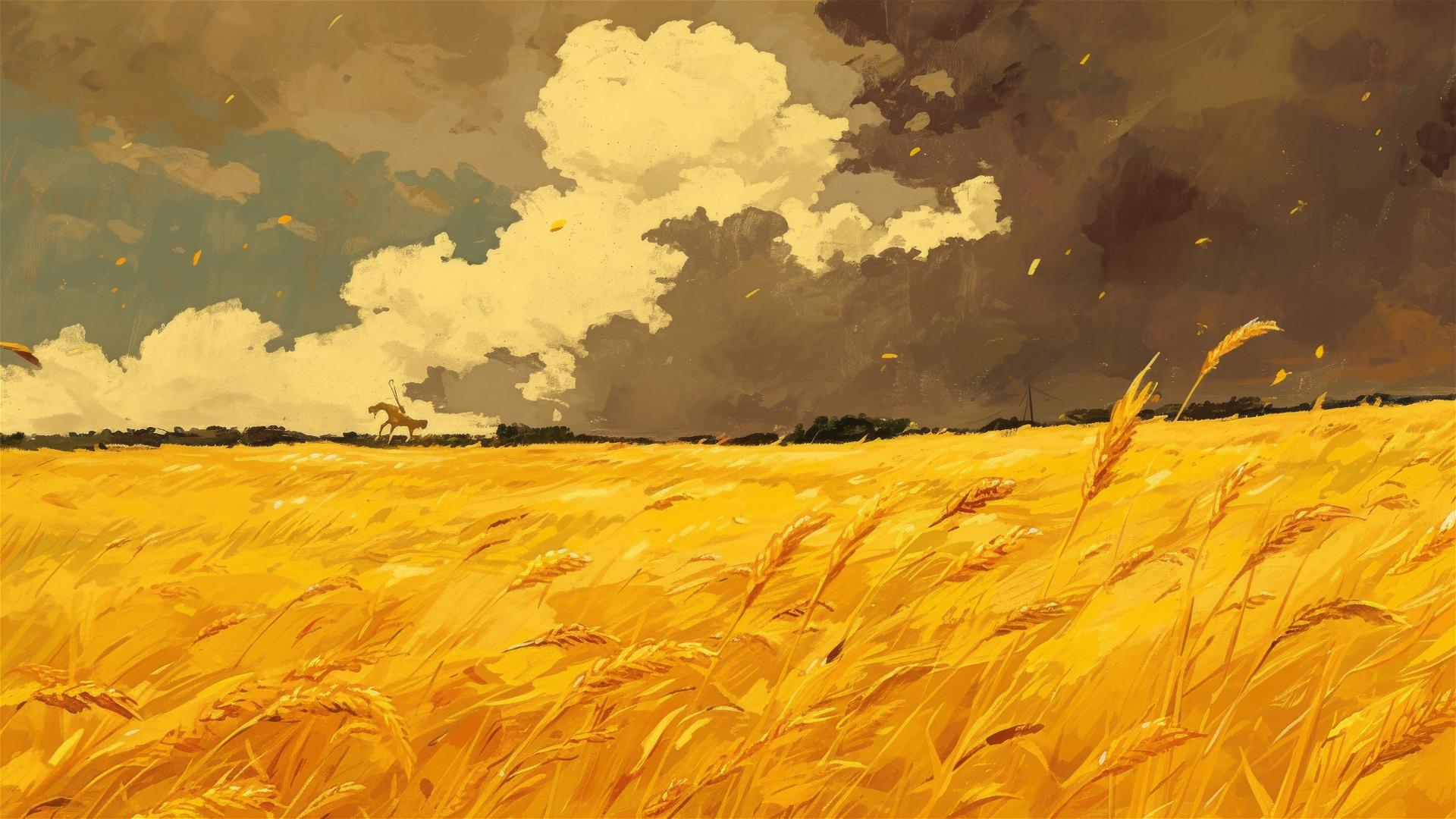 Golden wheat field under stormy sky with wind