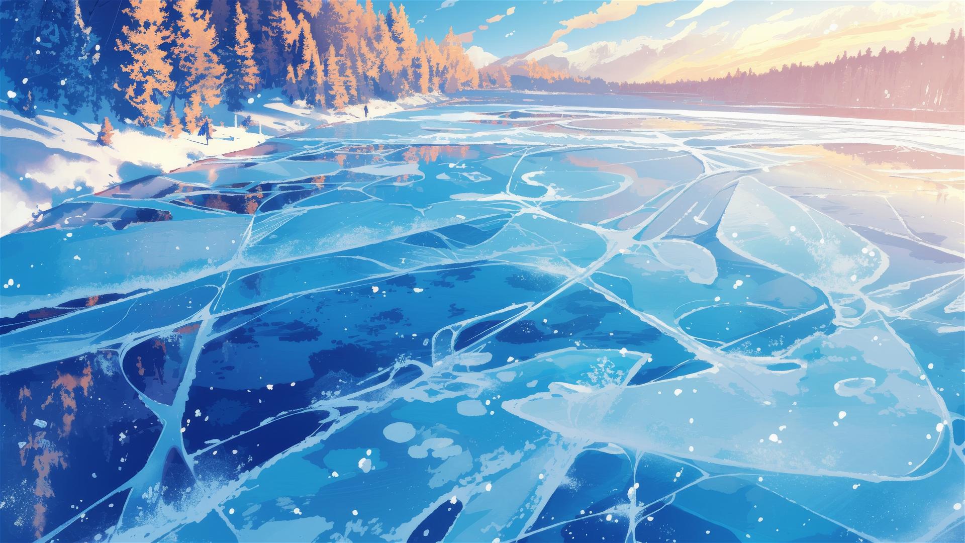 Frozen lake with intricate ice patterns and snow-dusted pines