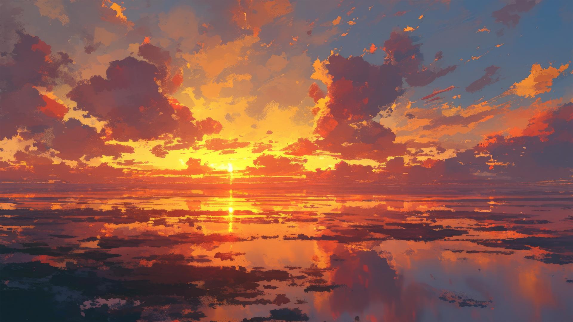 Sunset with fiery colors over salt flat creating illusions of floating