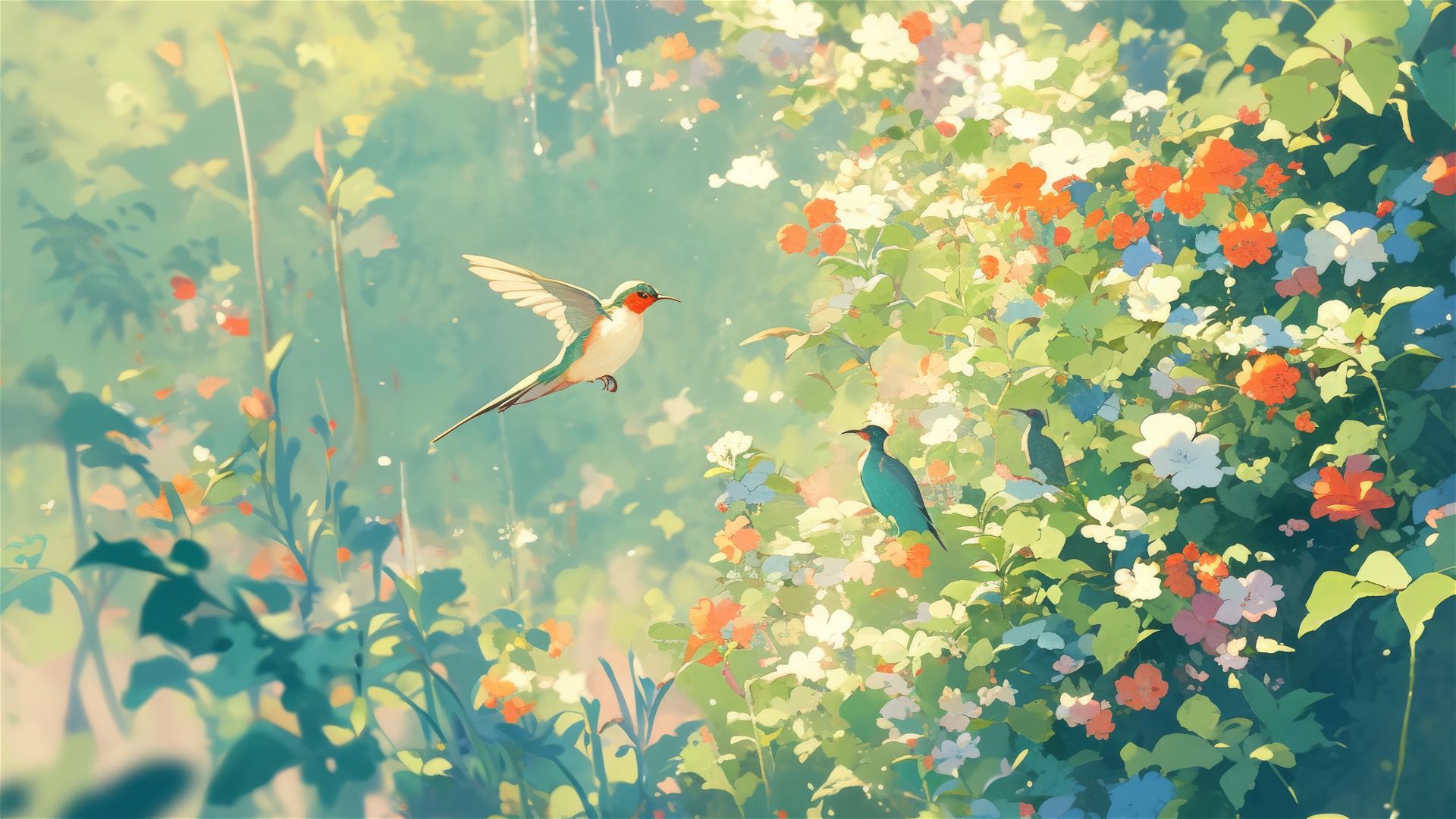 Garden with melodic flowers emitting tones as they sway