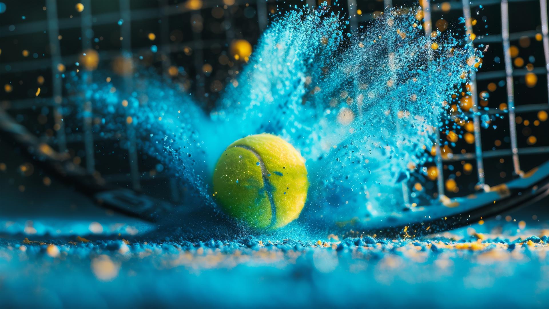 Macro detail of a yellow tennis ball on racket with blue powder