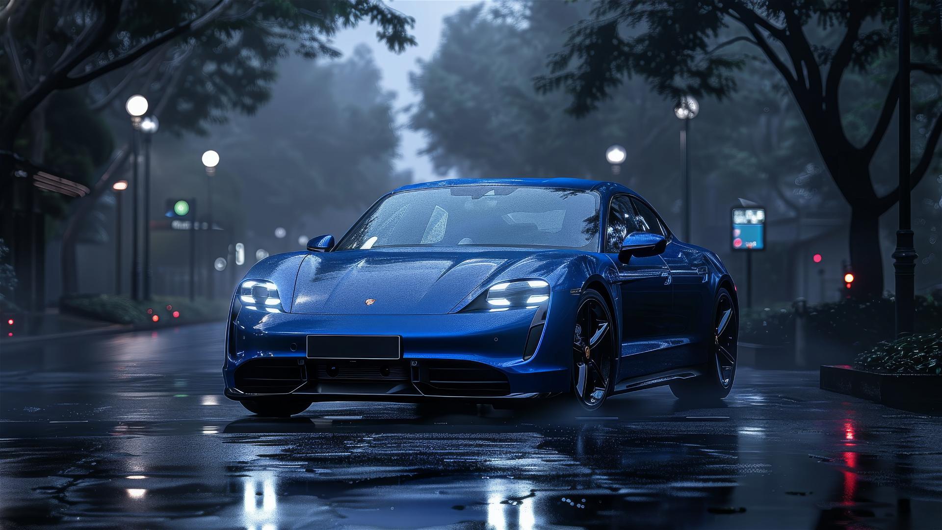 Closeup view of a Porsche Taycan in dim, gothic gloomy lighting with a foggy ambiance in photorealistic 8K smooth quality