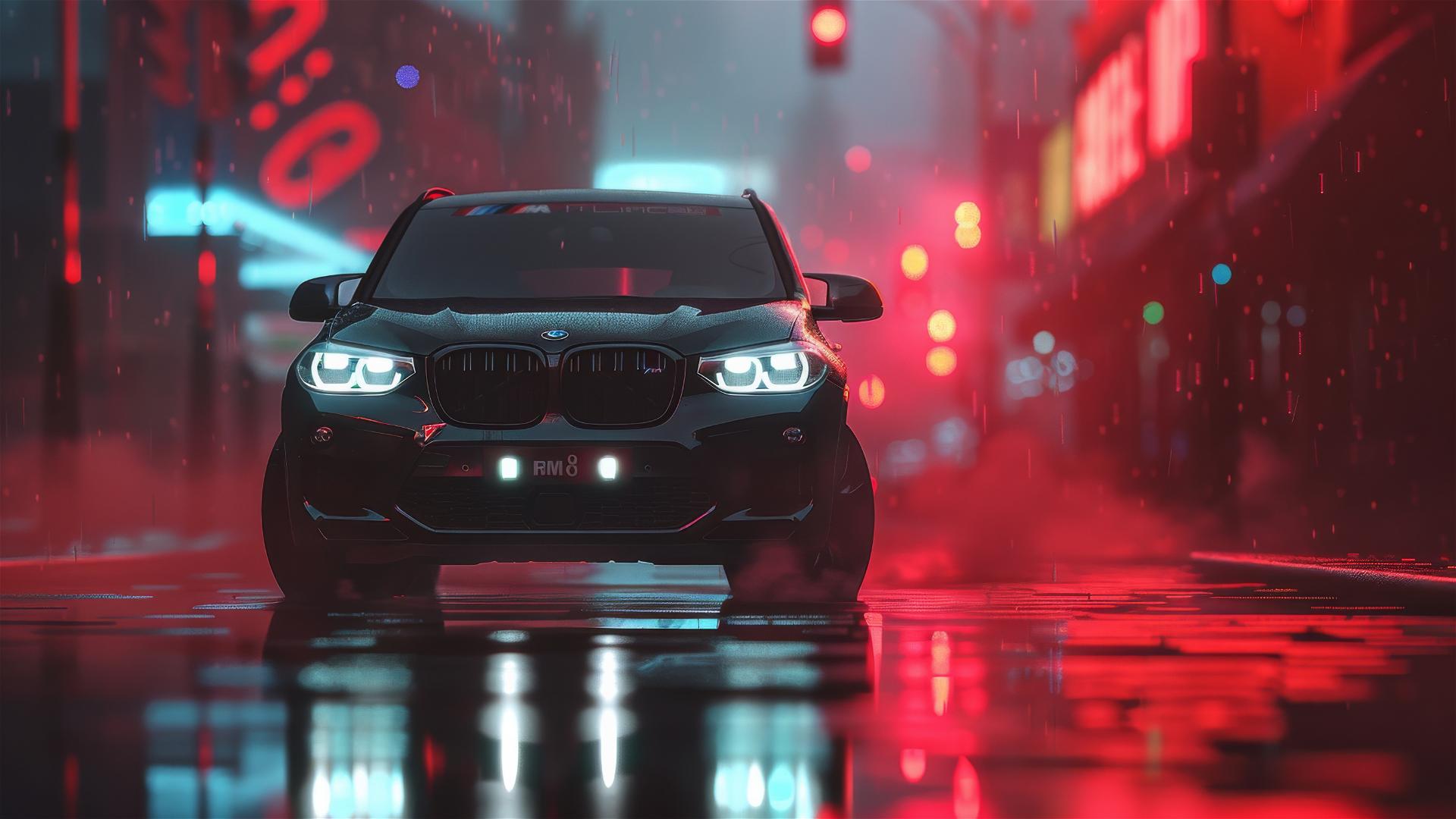 Closeup of a BMW X3 in dim, foggy, gothic setting