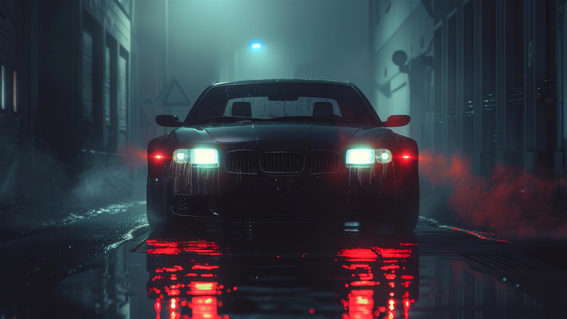 Saab 9-3 in dim lighting, gothic gloomy mood, 8k smooth closeup with fog