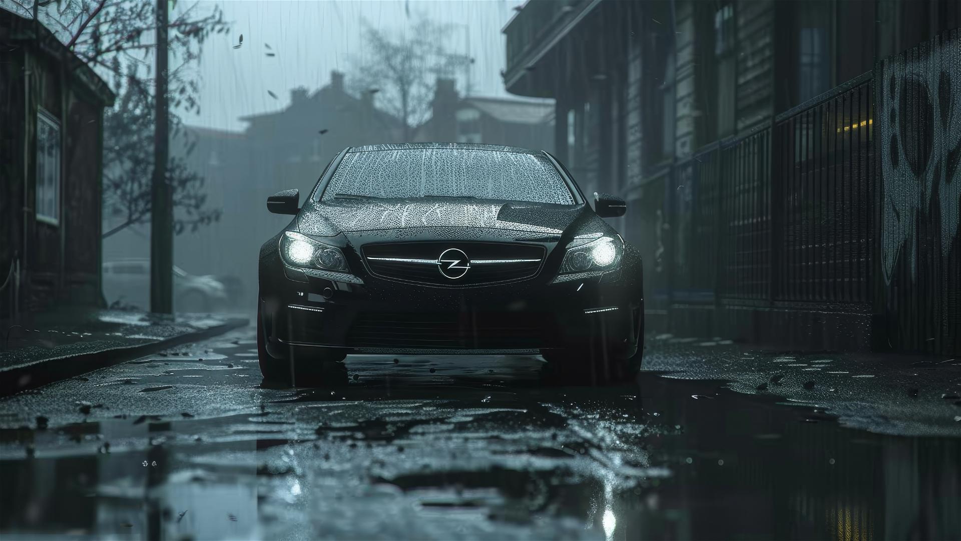 Closeup view of a foggy photorealistic Opel Insignia in dim gothic gloomy lighting